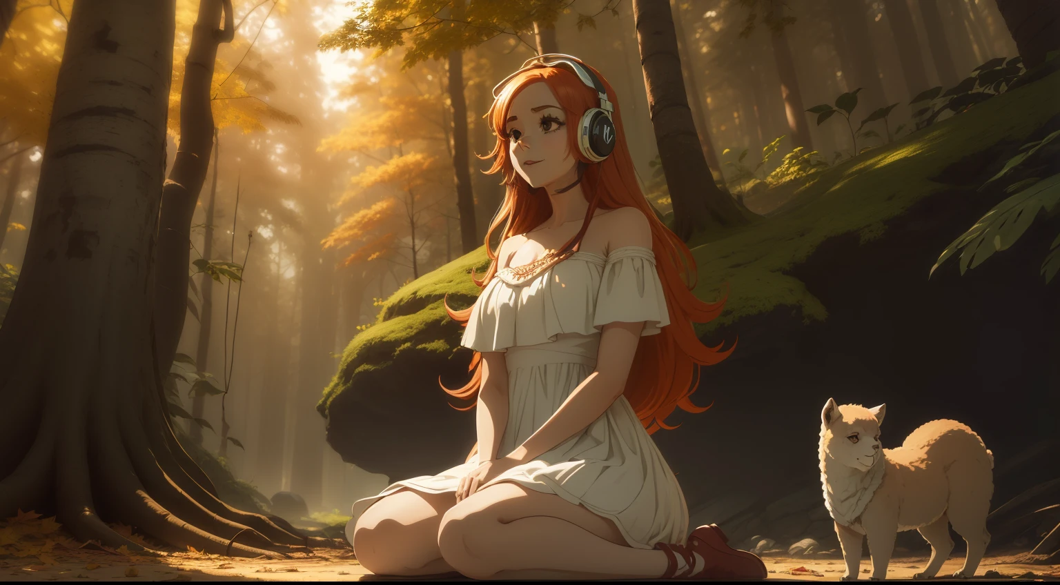 1 girl, (((headphone branco)), (seios pequenos), (with bohemian dress without necklines), (cabelo ginger), uma mulher linda com sutil sorriso, pele brilhante detalhada, meditation sitting on the floor in Lotus posture, in a forest full of autumn trees with leaves in shades of orange and red. O solo coberto de folhas cria uma atmosfera calma