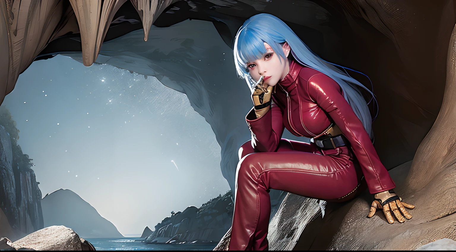 (1girl sitting on the rock in a dark cave:1.5), volumetric lighting from above, river inside a cave as background, blue hair, (looking at the camera:2), full body , ( Best quality, masterpiece:1.5), Beautiful face, Detailed eyes, detailed hair, light in face, long hair, ice blue color long hair, swept bangs, (the king of fighters:0.7) ,dark red tight leather jacket and pants, (capo130xx:0.5), full body,