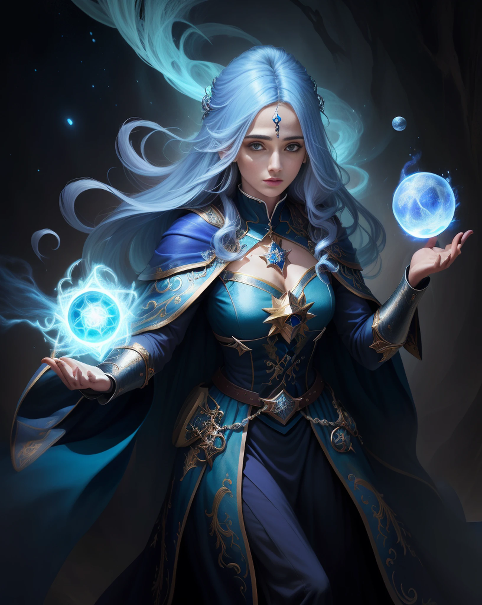 uma mulher com uma capa azul segurando uma bola brilhante, mago feminino, Retrato de um mago feminino, Female mage conjuring a spell, mago feminino!, Epic Character Wizard Girl, Arte do Jogo de Cartas de Fantasia, mago, Graphic artist Magali Villeneuve, Retrato de um Mago, feiticeira, mago da fantasia, feiticeira bonita, uma bela feiticeira