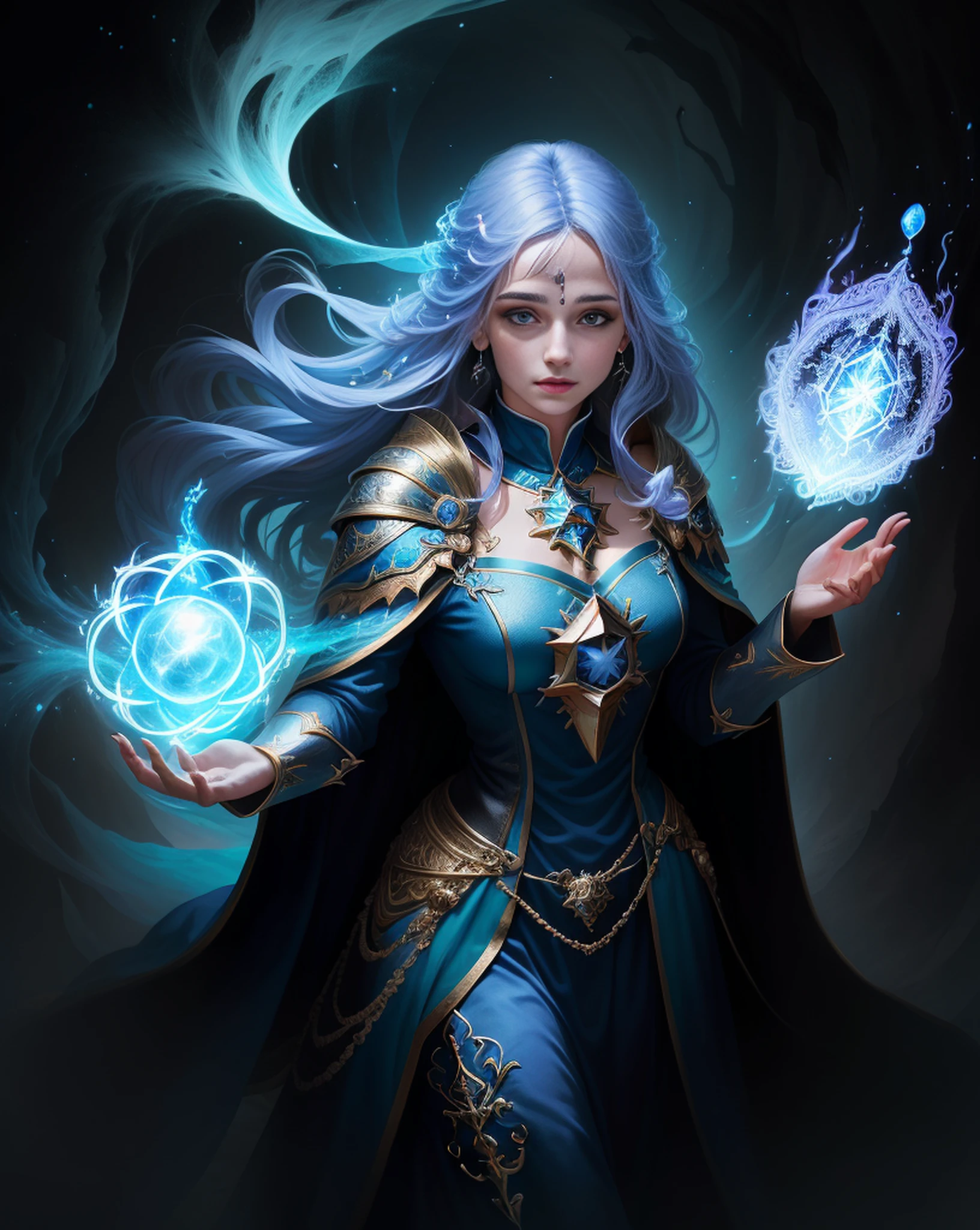 uma mulher com uma capa azul segurando uma bola brilhante, mago feminino, Retrato de um mago feminino, Female mage conjuring a spell, mago feminino!, Epic Character Wizard Girl, Arte do Jogo de Cartas de Fantasia, mago, Graphic artist Magali Villeneuve, Retrato de um Mago, feiticeira, mago da fantasia, feiticeira bonita, uma bela feiticeira