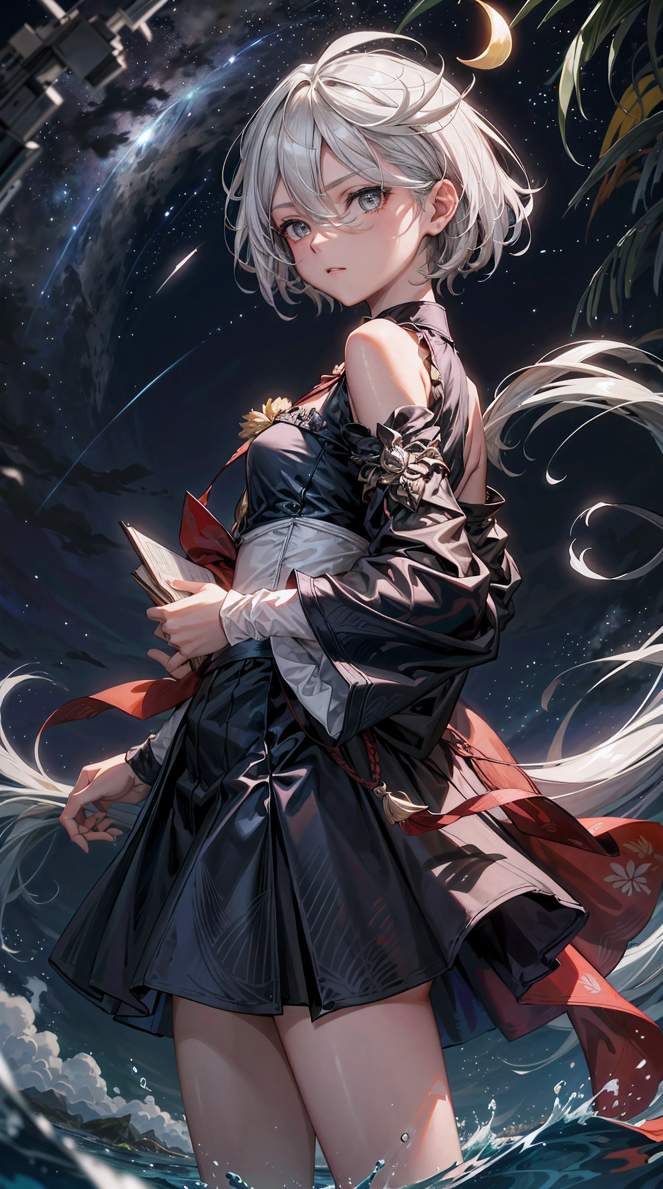 1girl, seios, lua, lanterna, Noite, sozinho, seios grandes, ornamento de cabelo, Wet, quimono, Roupas japonesas, Vadear, water, Flor do cabelo, flor, ao ar livre, heaven, lua cheia, chuva, cabelos pretos, fora do ombro, montanha, Cloud, propriedade, cinta, bareshoulders, lanternaa de papel, Standing, quimono branco, night sky, boob lateral, Obi, roupas molhadas, franja, tree, de lado, reflection, short hair, Cloudy sky, cabelos molhados (((master part),(extremamente detalhado CG unidade 8k papel de parede),best quality,,sozinho,1girl,Cinematic lighting,Antecedentes detalhados,belos olhos detalhados,pupilas brilhantes, (um extremamente delicado e bonito),(Beautiful and detailed eye description)， ultra-detalhado,master part,))