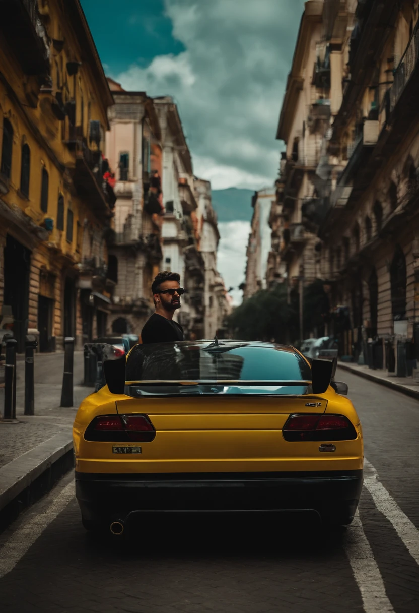 Homem loiro dentro de um lancer evolution X preto, with sunglasses, barba loira, dirigindo em uma cidade retro.