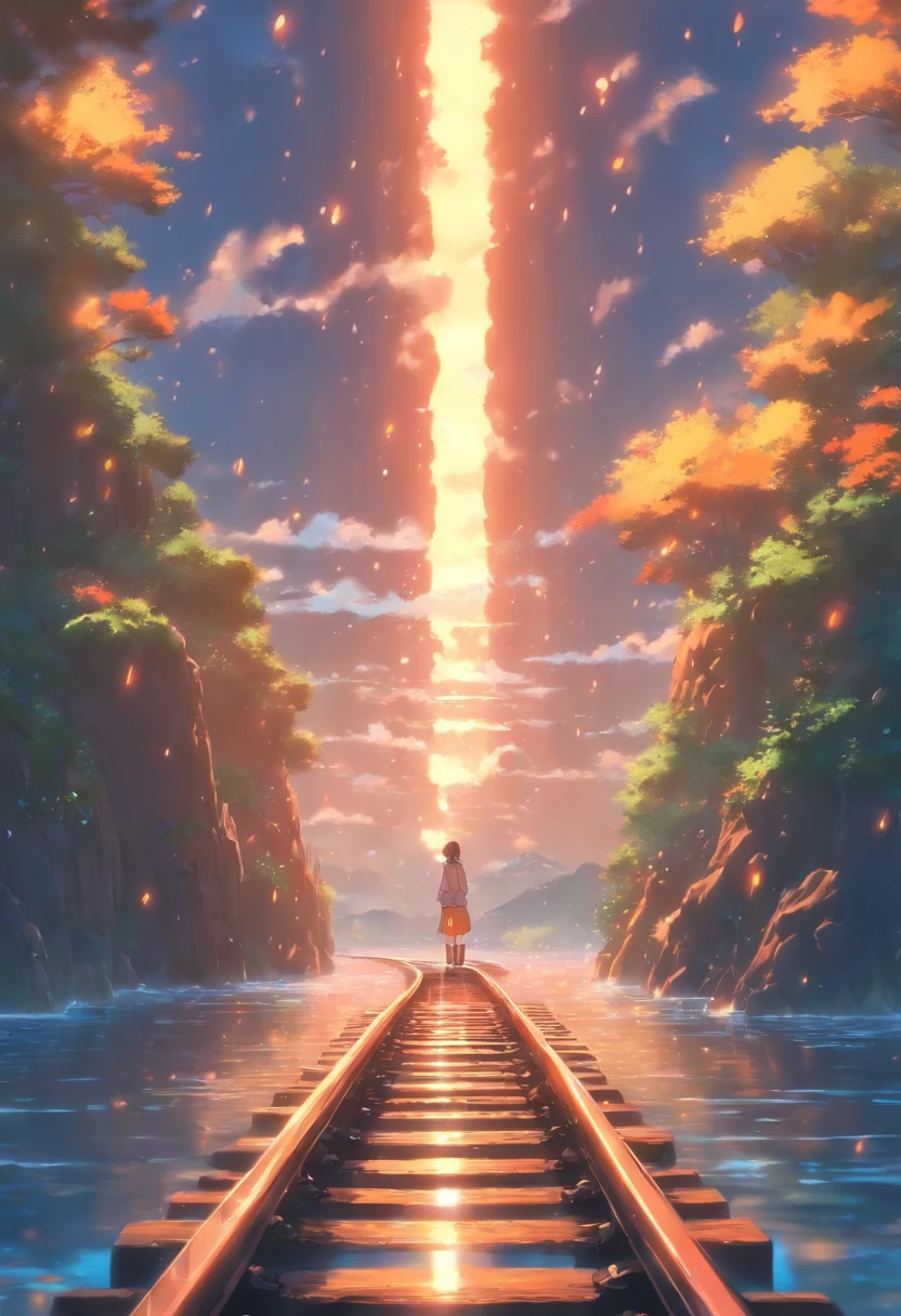 Obra maestra de alta calidad ，Paisaje，Anime train passing through bodies of water on the tracks， Cielo estrellado brillante。Romantic Train，Pisif，Concepto-Arte，Estilo de arte lofi，Reflectores。 por Makoto Shinkai, Arte Lofi, Hermosas escenas de anime, Paisajes de anime, detailed scenery —width 672, Al estilo de Makoto Shinkai, El estilo de Makoto Shinkai，Mejora de detalles