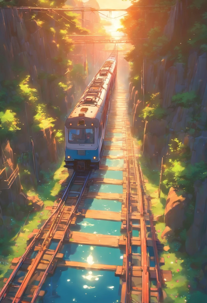 Obra maestra de alta calidad ,Paisaje,Anime train passing through bodies of water on the tracks, Cielo estrellado brillante。Romantic Train,Pisif,Concepto-Arte,Estilo de arte lofi,Reflectores。 por Makoto Shinkai, Arte Lofi, Hermosas escenas de anime, Paisajes de anime, detailed scenery —width 672, Al estilo de Makoto Shinkai, El estilo de Makoto Shinkai,Mejora de detalles