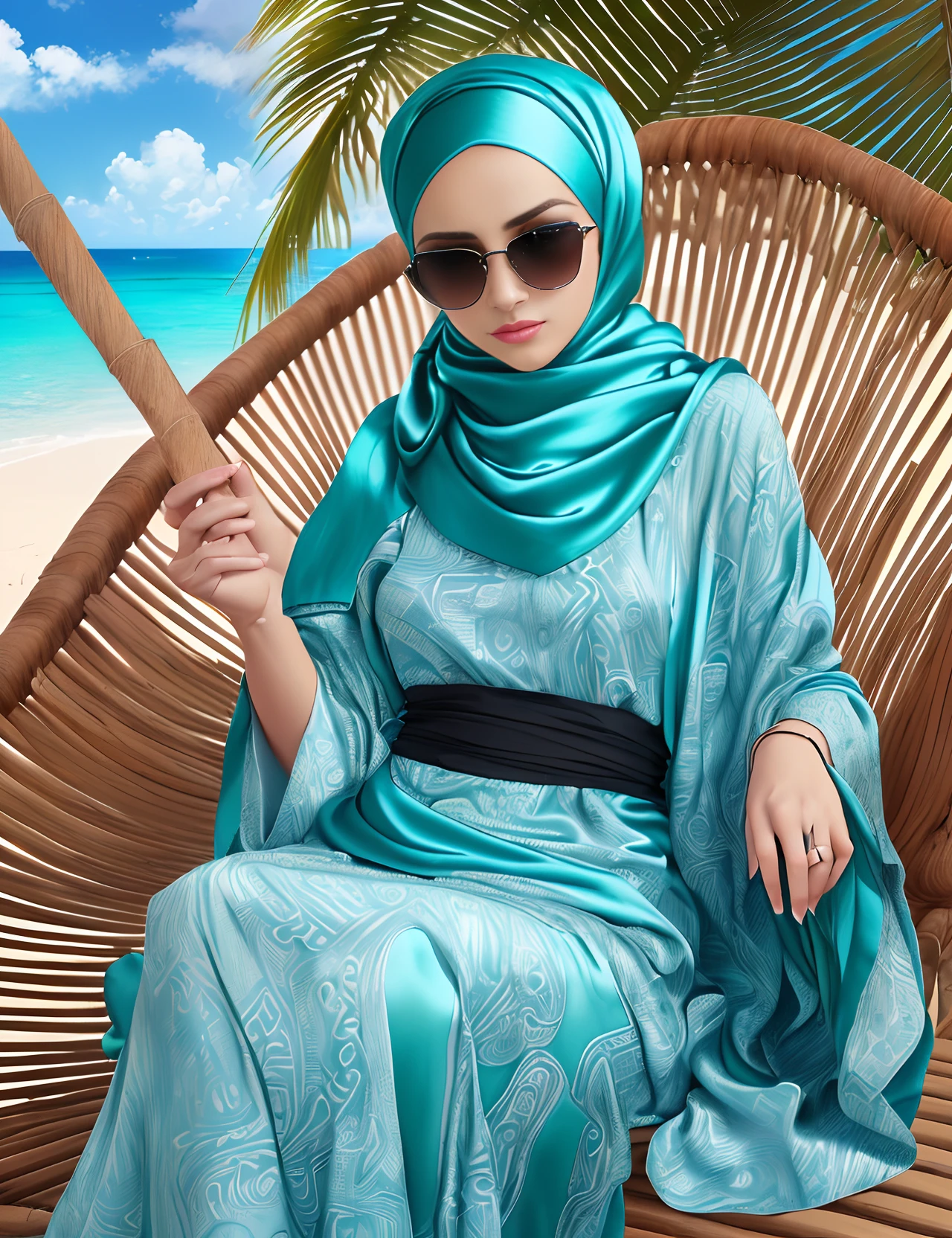 3DMM, ((Masterpiece, best quality, photography, detailed skin, realistic, photo-realistic, 8k, highly detailed, full length frame, High detail RAW colour art, diffused soft lighting, shallow depth of field, sharp focus, hyperrealism, cinematic lighting, a Turkish woman, beautifully makeup, beautiful big eyes, long eye lashes, hijab, wearing (Aqua satin headscarf), wide batik kaftans , Straw hat, Black Sunglasses, sitting on the wooden beach chair, beachside, coconut tree, beautiful sky --auto --s2