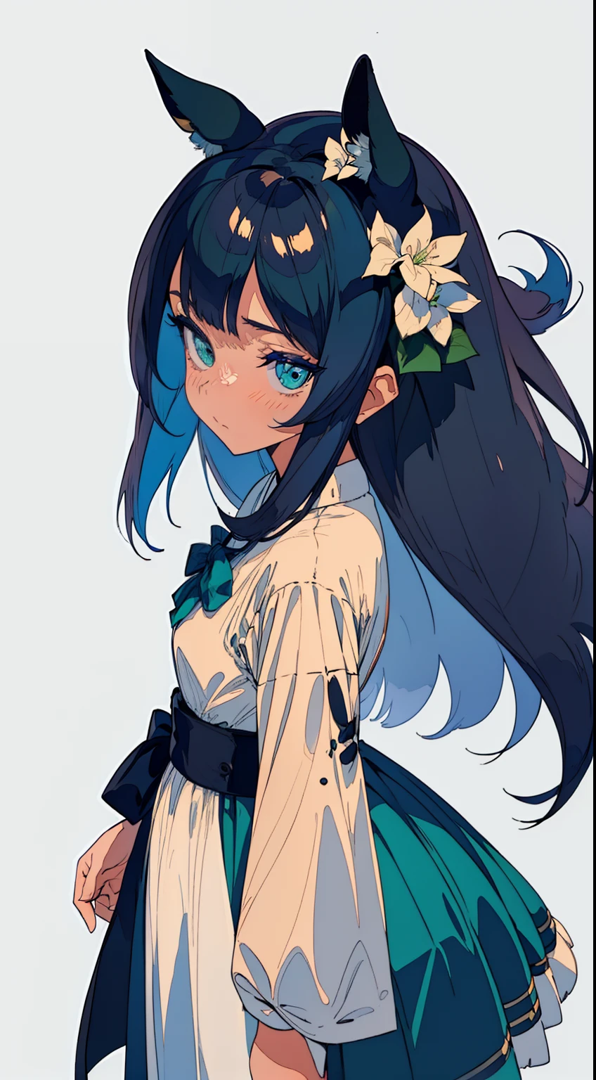 Best Quality:1.3, Extremely detailed,1girl in,((Uma Musume Full Body Illustration)),(((Background white)))、(full_Body)、(From head to foot), (extremely delicate and beautiful fabric), Cute face, sparking eyes , eye shadow, ((Dark blue hair)),((bangss)),detailed clothes,(Horse ears),(Umamusume),((petite girl in)),Longhaire,Silent eyes,Dark eyes、Quiet dress、Hydrangea hair ornament、(Green dress)、