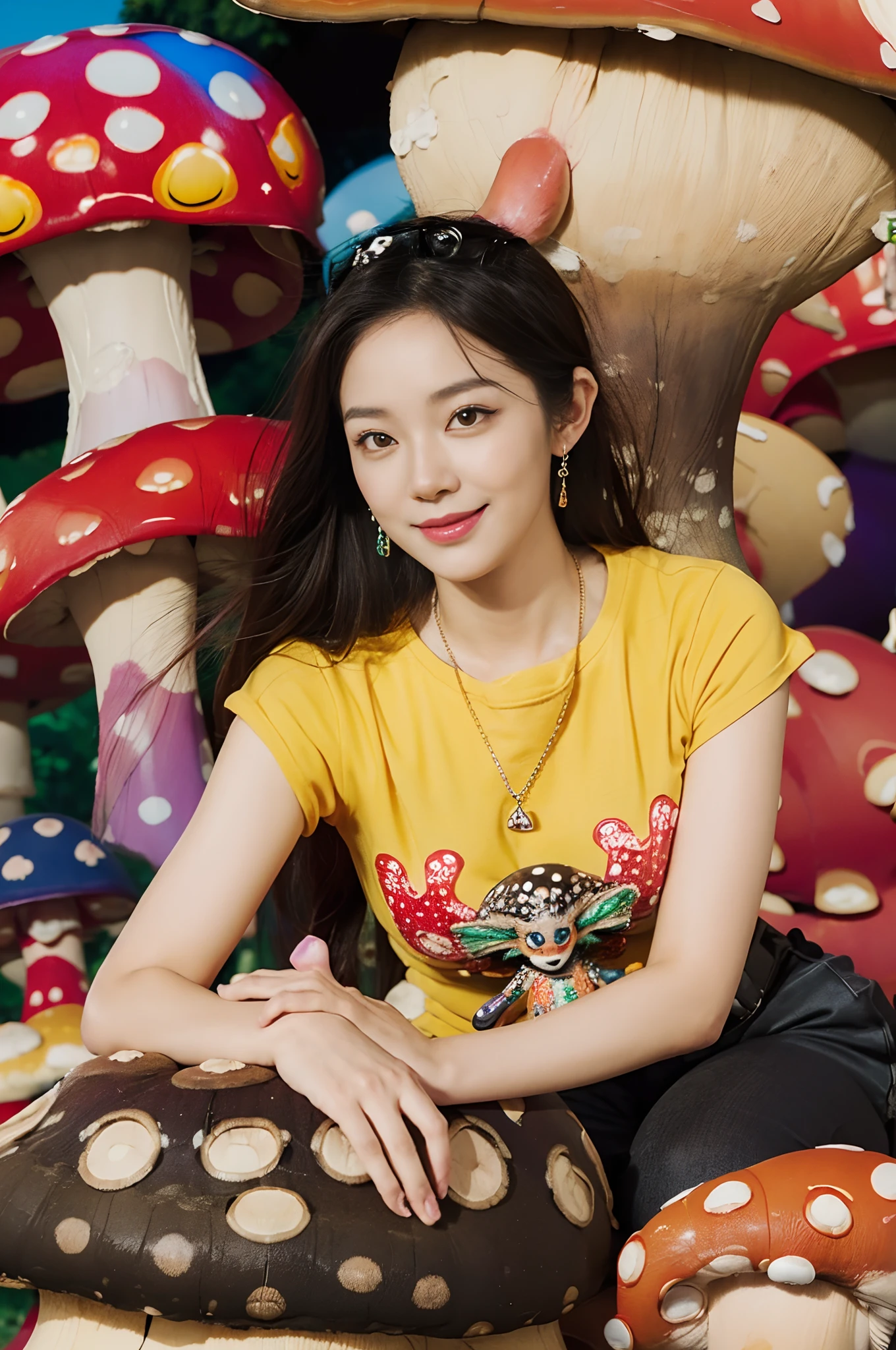 Smiling,Face focus,(alebrijes art style), a couple of lesbians sitting together on a (giant mushroom:1.4),fantastical world,fantasy,lewd,leering:1.3,Masterpiece, Best quality, intricately details, absurderes,,(ulzzang-6500-v1.1,pureeroface_v1,octane rendering)