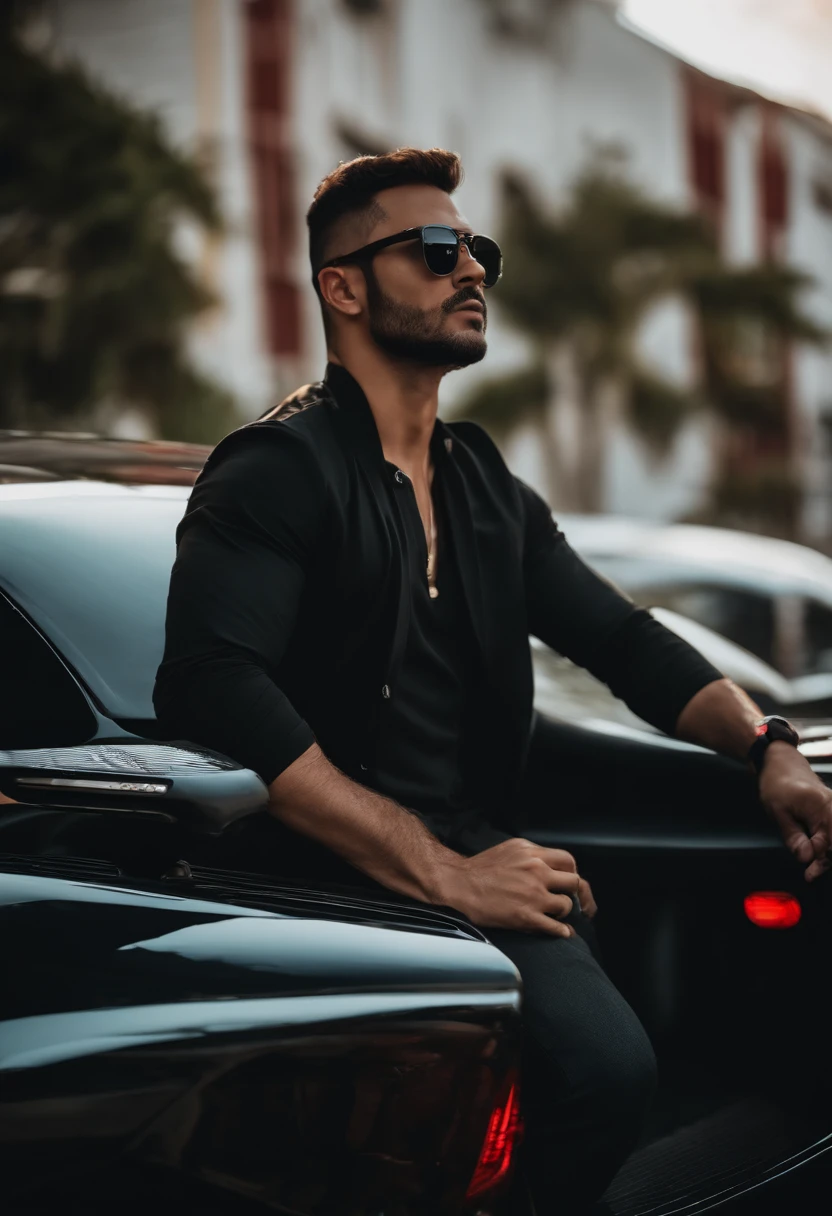 Homem loiro dentro de um lancer evolution X preto, with sunglasses, barba loira, dirigindo em uma cidade retro.