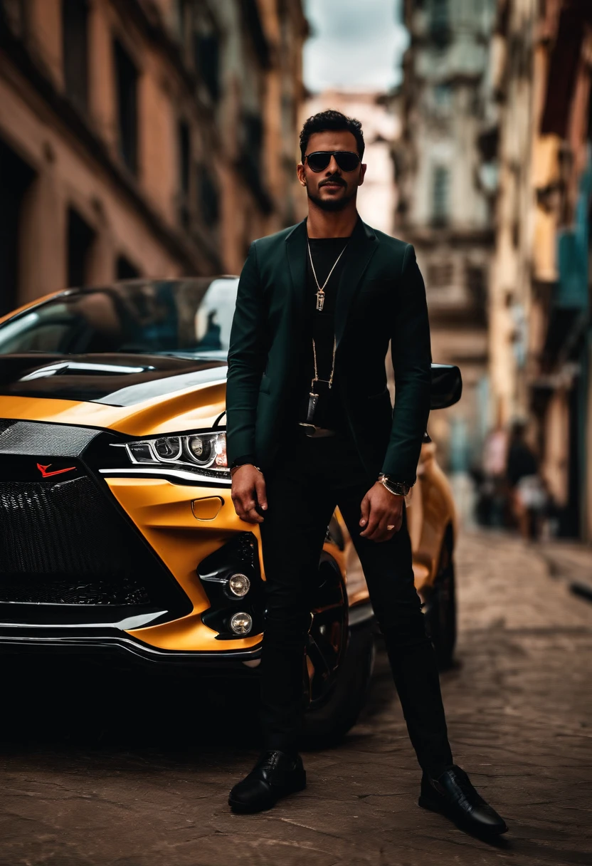 Homem loiro dentro de um lancer evolution X preto, with sunglasses, barba loira, dirigindo em uma cidade retro.