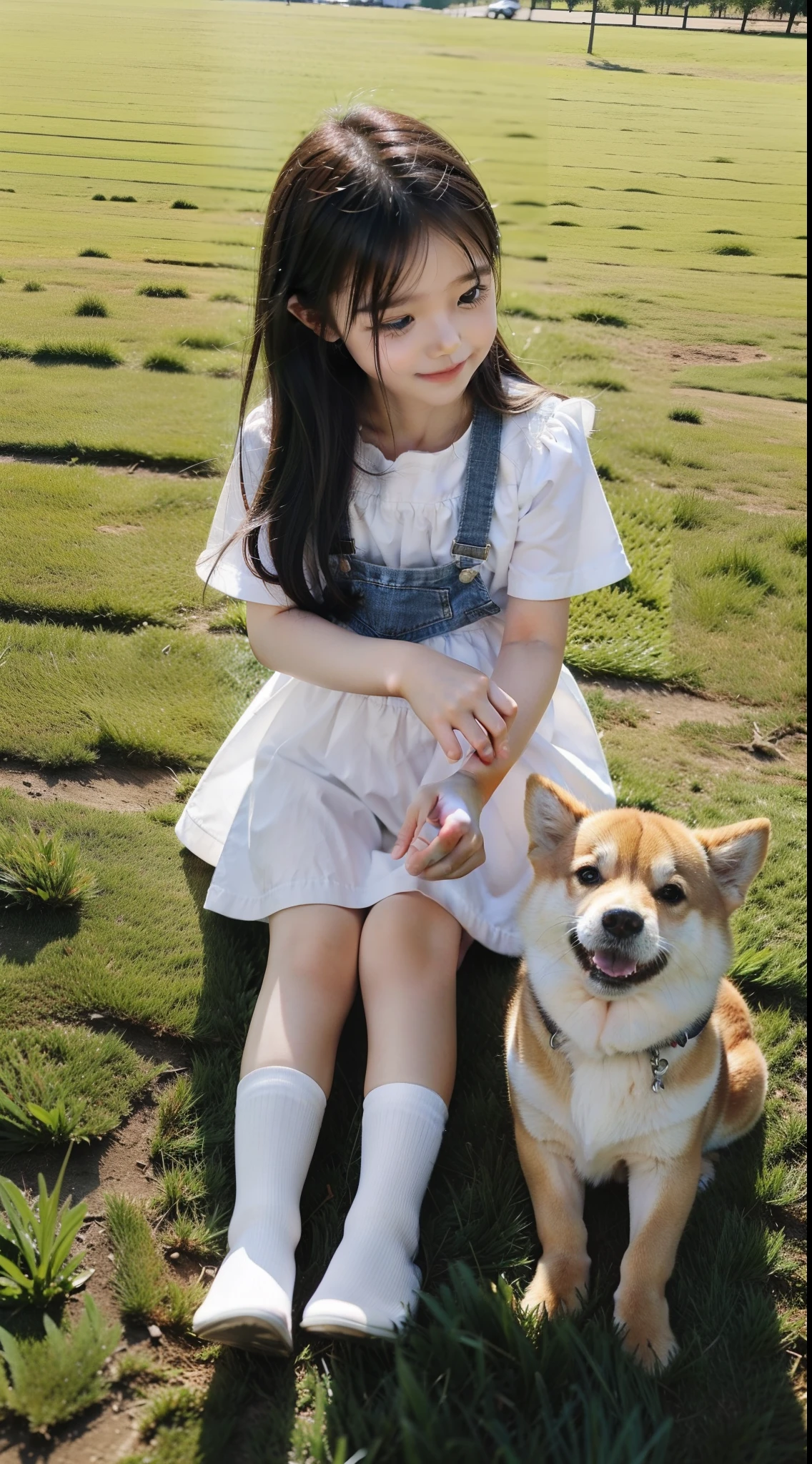 A little girl playing with a dog on the grass、A Shiba Inu，Cute little girl s，grassy fields，early evening、，Photorealsitic，the detail