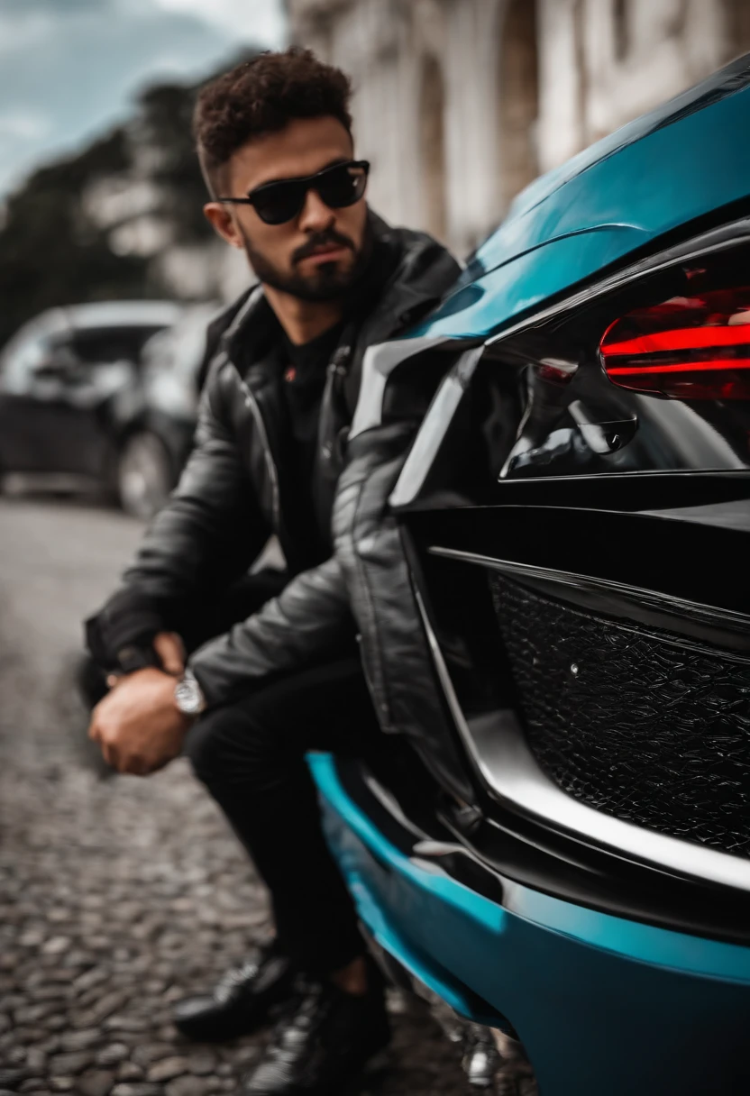 Homem loiro dentro de um lancer evolution X preto, with sunglasses, barba loira, dirigindo em uma cidade retro.