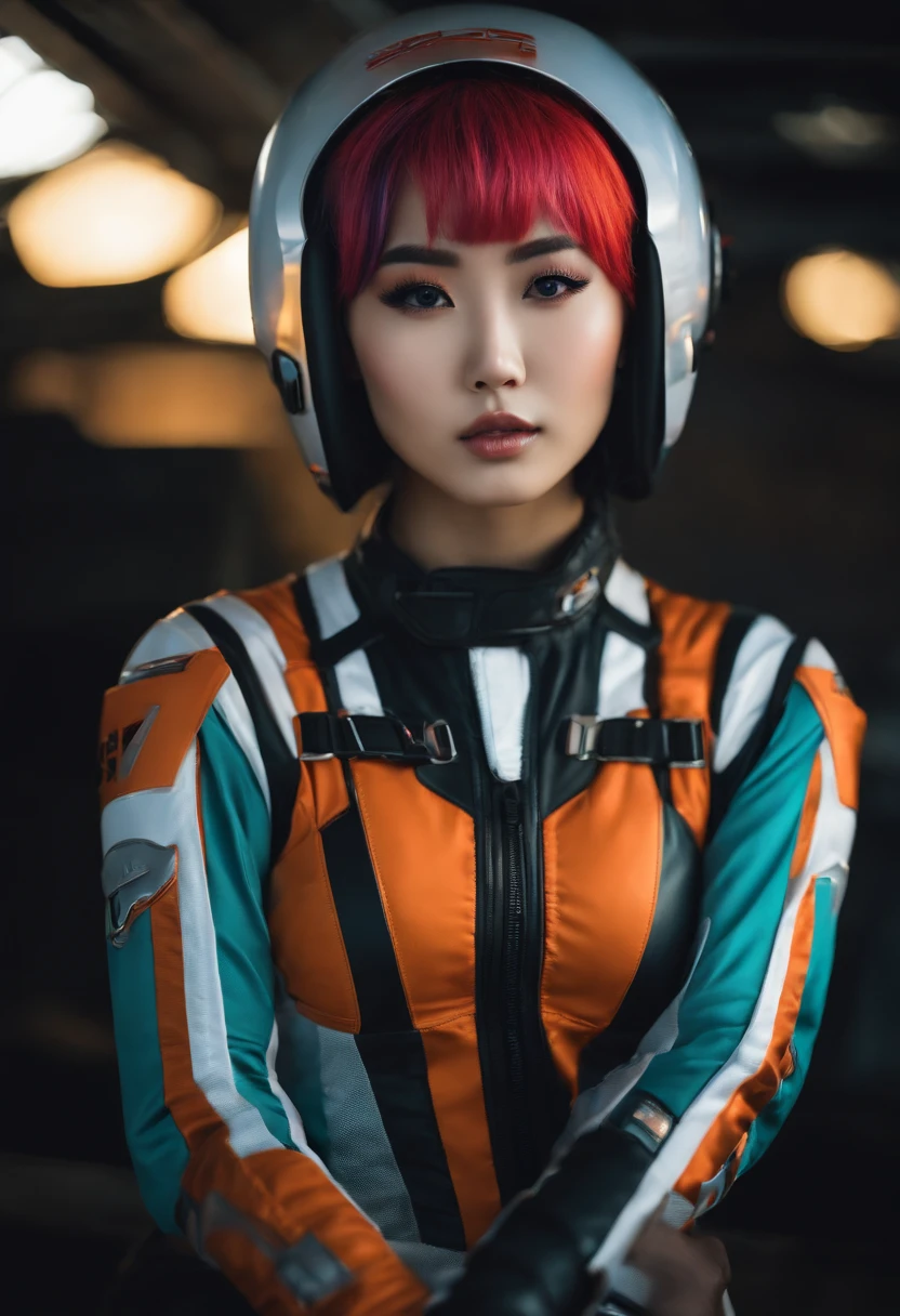 sexy korean emo girl with dyed hair in a full sci-fi racing suit scantily clad