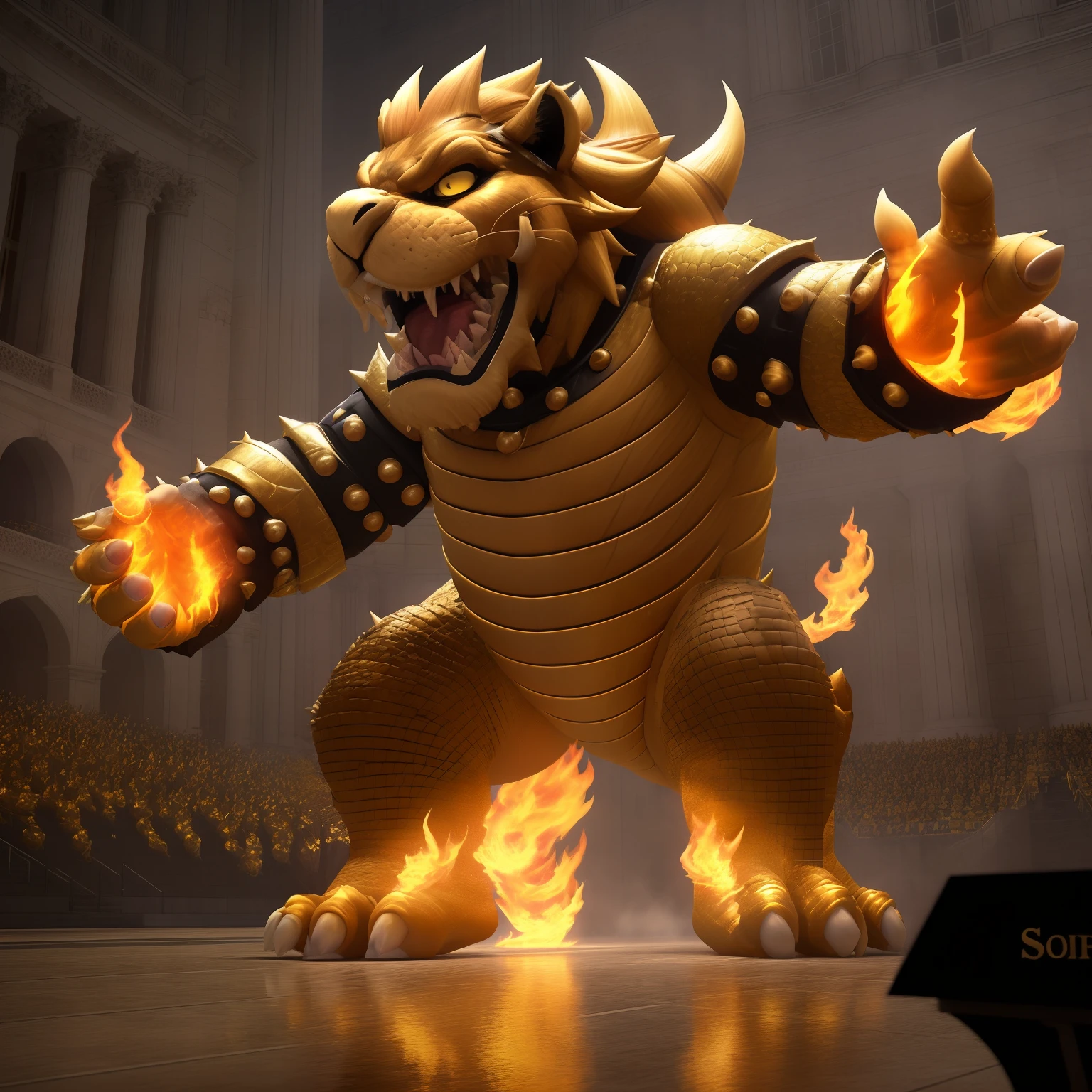 Bowser playing a grand piano, singing Peaches' song on the stage, (best quality, 4k, highres, masterpiece:1.2), ultra-detailed, (realistic, photorealistic:1.37), dynamic lighting, vibrant colors, (detailed scales, shiny body), (giant fireballs:1.1), (intense stage effects), (epic orchestra), (dramatic expressions), (majestic castle backdrop), (dancing notes), (audience cheering), (impressive stage presence), (red and gold color scheme), (fierce look), (glossy black piano), (scorching flames), (intricate musical notation), (regal attire), (large concert hall), (spotlights illuminating), (expressive hand gestures), (powerful vocals), (energetic performance), (mighty roar), (ominous atmosphere).