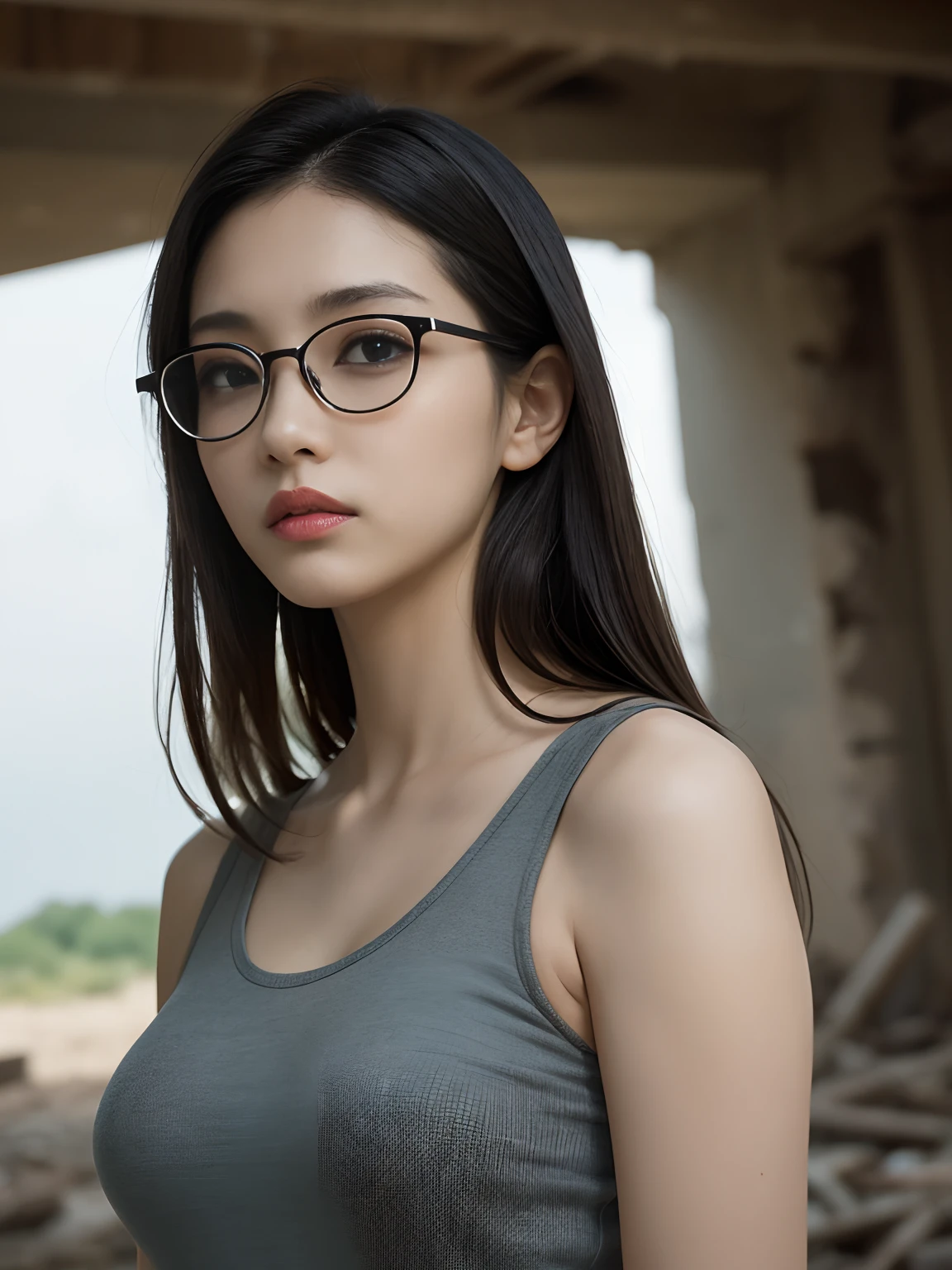 ​masterpiece、8K、Raw photography、（reallistic:1.4）、High-resolution mouth、The eyes are high definition、Shiny skin、big eye、Round face,Double eyes、Puffy eyes、Medium-breasted women, （Bob Hair:1.4）、Unusual look、One lady、20yr old, sad Facial expression、full bodyesbian、Woman with glasses、White tank top、In the ruins of light、cloudiness、film grains、Movie Light、The wind is blowing、Crows are flying