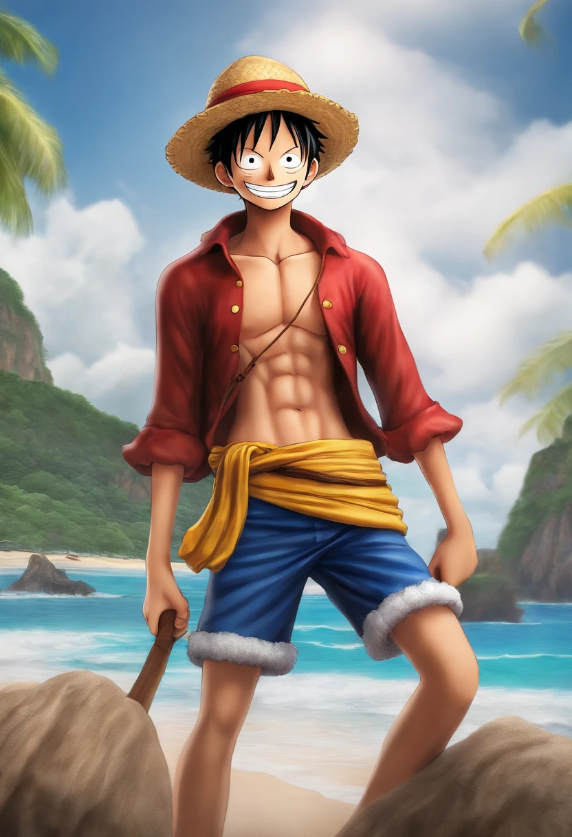 Make Luffy from One Piece in a realistic version, jovem com 18anos de idade, with a smile on his face and not so muscular, baseando-se apenas no anime original. usar de fundo uma praia