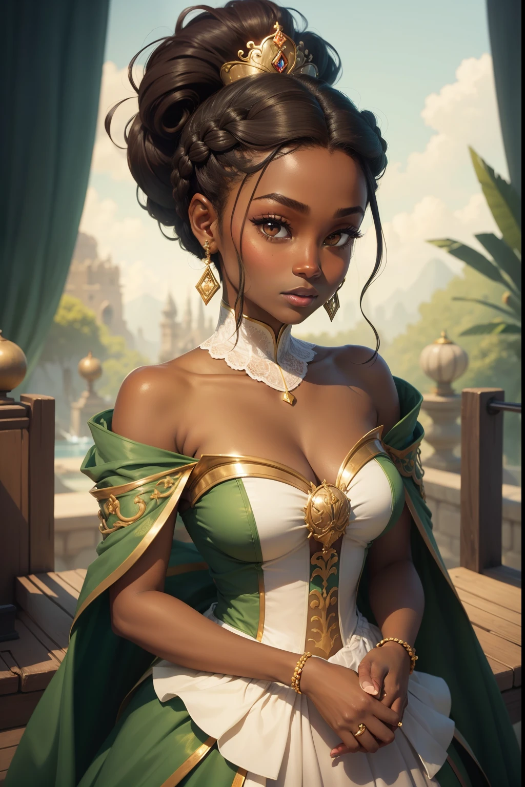 Princess Tiana, dark skin, regal, beautiful, hot, hair in a bun