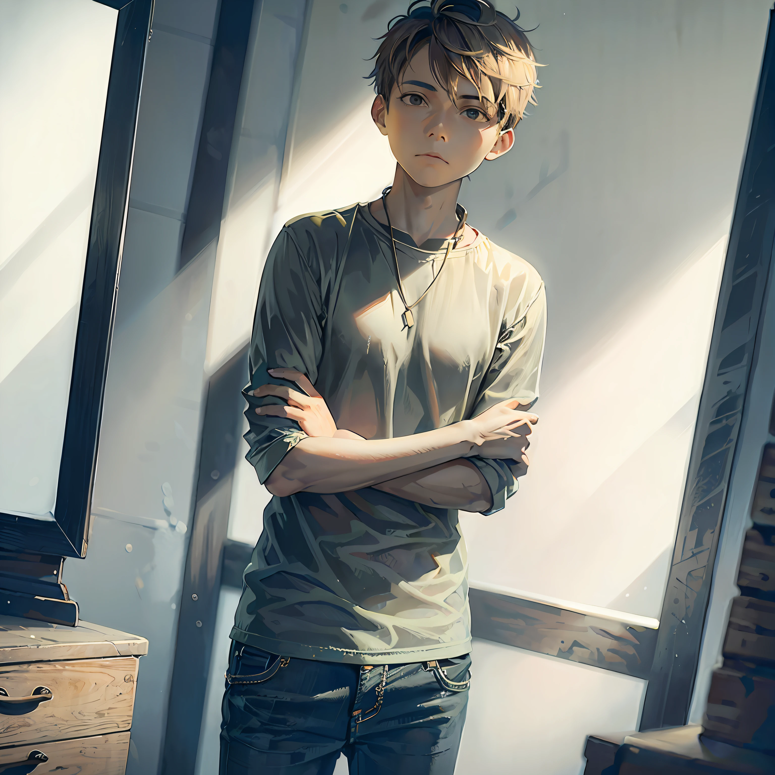 The image shows a young man staring at his own reflection in the mirror, With determined expression --auto