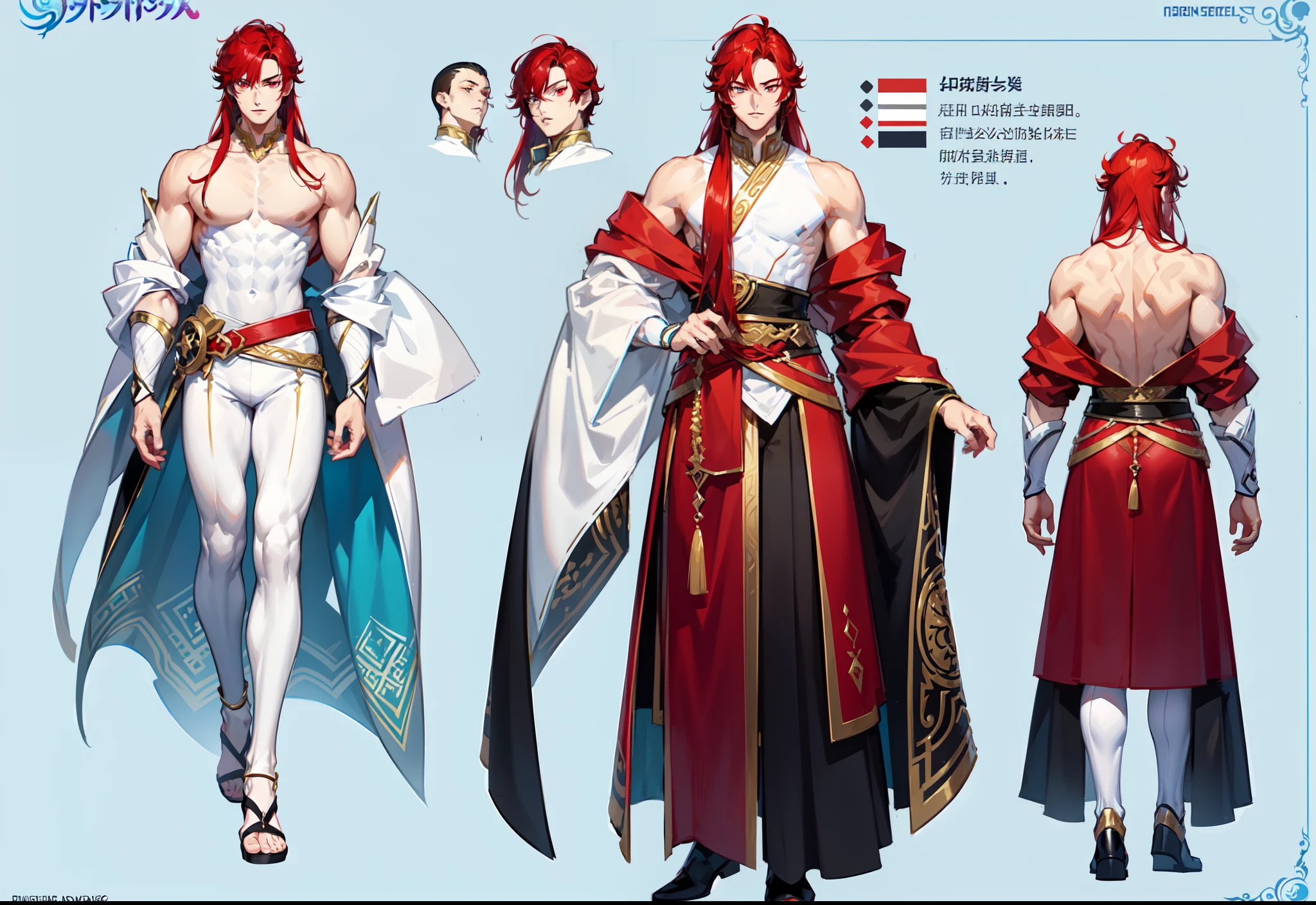 1boy, single, asian boy, reference sheet, character design, front angle, side angle, rear angle, dynamic poses, (masterpiece:1.2), (best quality:1.3), ice fantasy outfit, muscle body, athletic body. (Red eyes), (long hair), (long bangs), (red hair), (pale skin), (reference sheet:1.5)