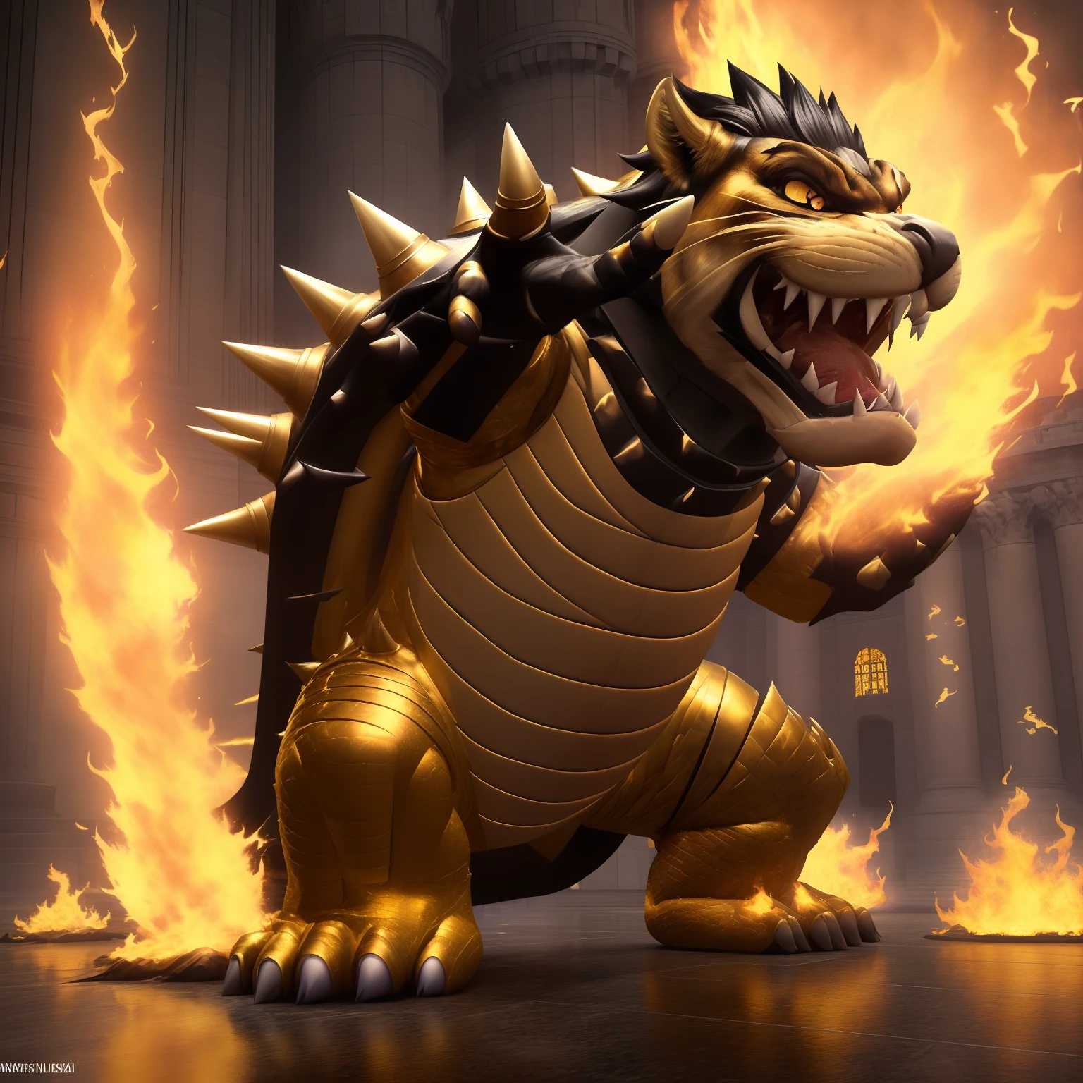 Bowser playing a grand piano, singing Peaches' song on the stage, (best quality, 4k, highres, masterpiece:1.2), ultra-detailed, (realistic, photorealistic:1.37), dynamic lighting, vibrant colors, (detailed scales, shiny body), (giant fireballs:1.1), (intense stage effects), (epic orchestra), (dramatic expressions), (majestic castle backdrop), (dancing notes), (audience cheering), (impressive stage presence), (red and gold color scheme), (fierce look), (glossy black piano), (scorching flames), (intricate musical notation), (regal attire), (large concert hall), (spotlights illuminating), (expressive hand gestures), (powerful vocals), (energetic performance), (mighty roar), (ominous atmosphere).
