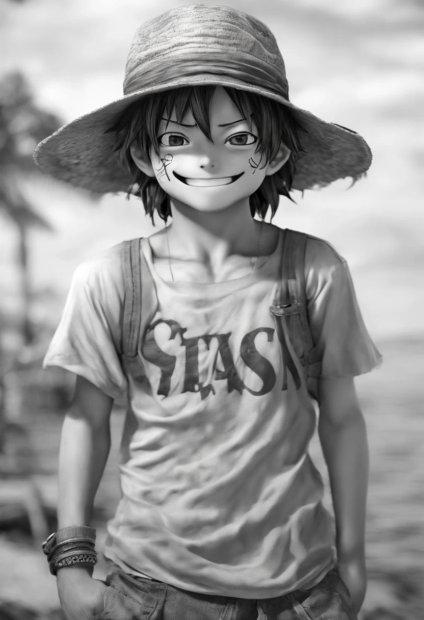 Make Luffy from One Piece in a realistic version, jovem com 18anos de idade, with a smile on his face and not so muscular, baseando-se apenas no anime original. usar de fundo uma praia