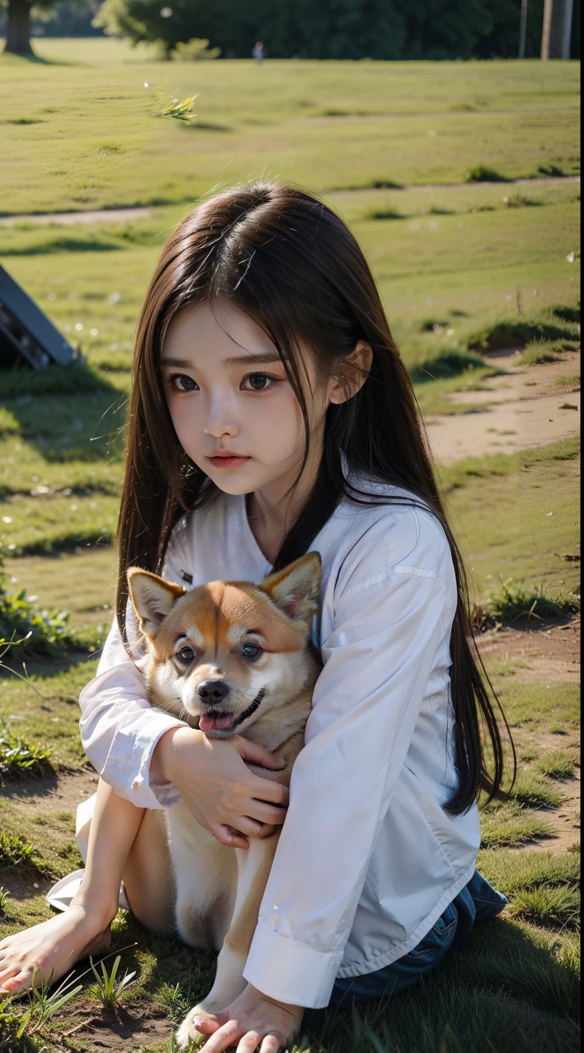 A little girl playing with a dog on the grass、A Shiba Inu,eine Katze,Cute little girl s,grassy fields,early evening、,Photorealsitic,the detail,Good quality,tmasterpiece,(Photorealsitic:1.4),reality,offcial art,8K quality,Super detail,fine detail skin,Movie Angle,cinematic textures,Movie lighting,Masterpiece,Best picture quality