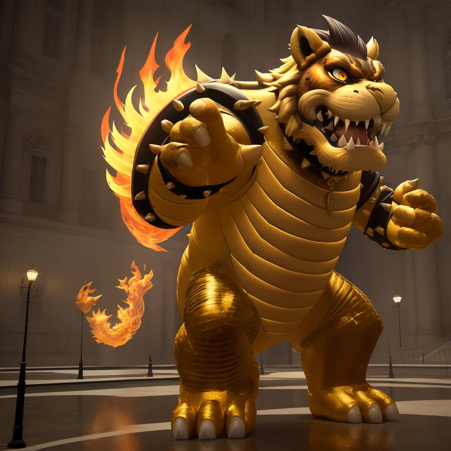 Bowser playing a grand piano, singing Peaches' song on the stage, (best quality, 4k, highres, masterpiece:1.2), ultra-detailed, (realistic, photorealistic:1.37), dynamic lighting, vibrant colors, (detailed scales, shiny body), (giant fireballs:1.1), (intense stage effects), (epic orchestra), (dramatic expressions), (majestic castle backdrop), (dancing notes), (audience cheering), (impressive stage presence), (red and gold color scheme), (fierce look), (glossy black piano), (scorching flames), (intricate musical notation), (regal attire), (large concert hall), (spotlights illuminating), (expressive hand gestures), (powerful vocals), (energetic performance), (mighty roar), (ominous atmosphere).