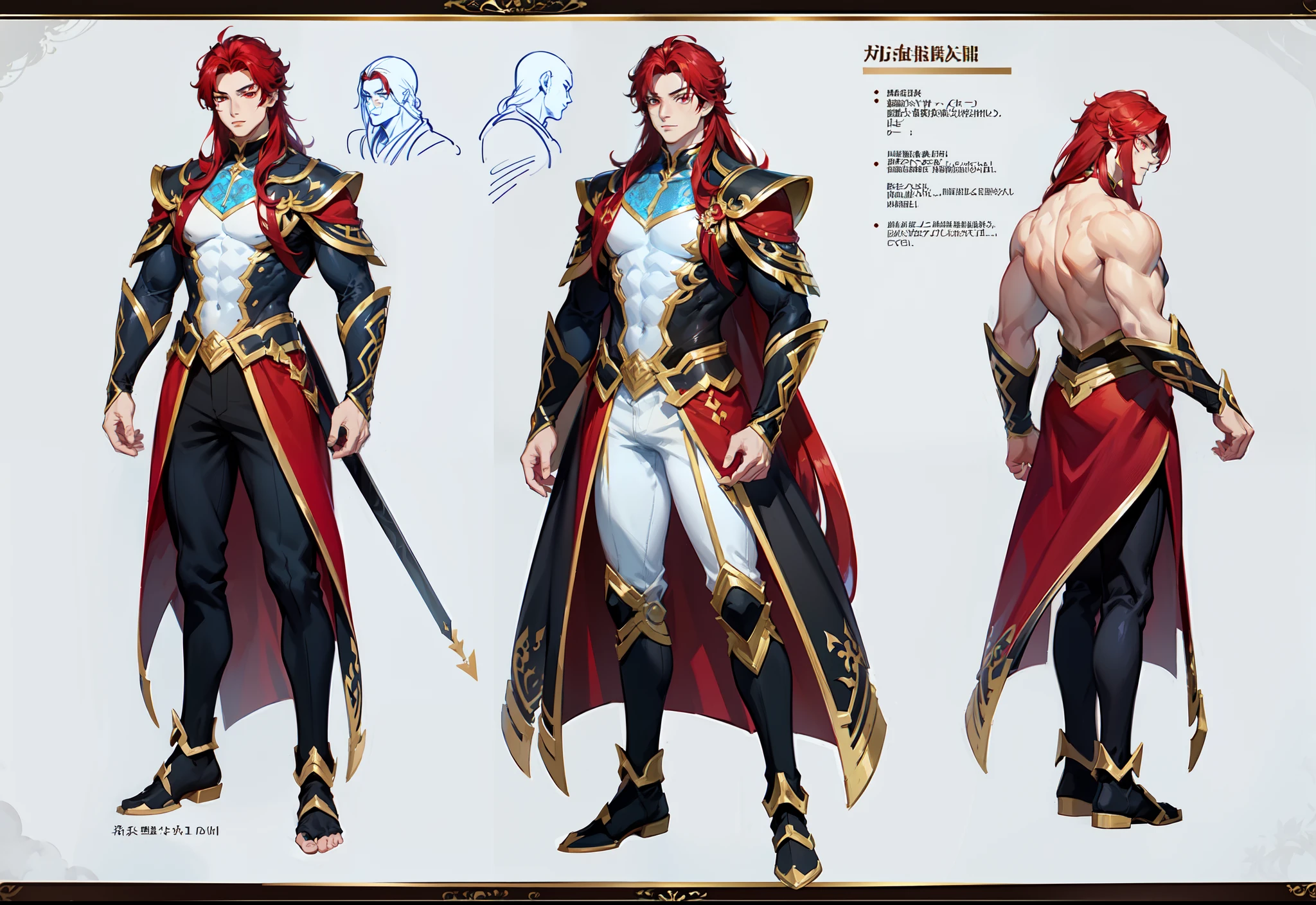 1boy, single, asian boy, reference sheet, character design, front angle, side angle, rear angle, dynamic poses, (masterpiece:1.2), (best quality:1.3), ice fantasy outfit, muscle body, athletic body. (Red eyes), (long hair), (long bangs), (red hair), (pale skin), (reference sheet:1.5)