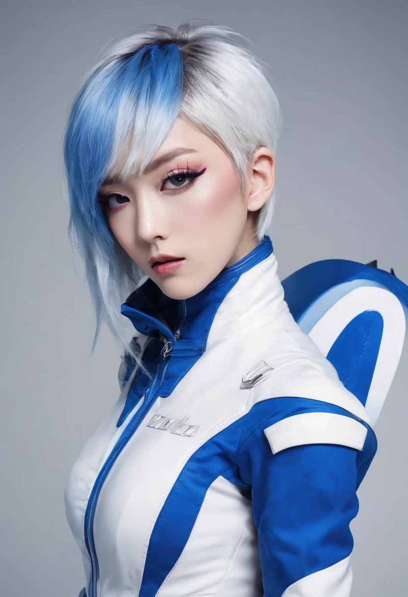 sexy korean emo girl with dyed hair in a full blue and white sci-fi racing suit scantily clad