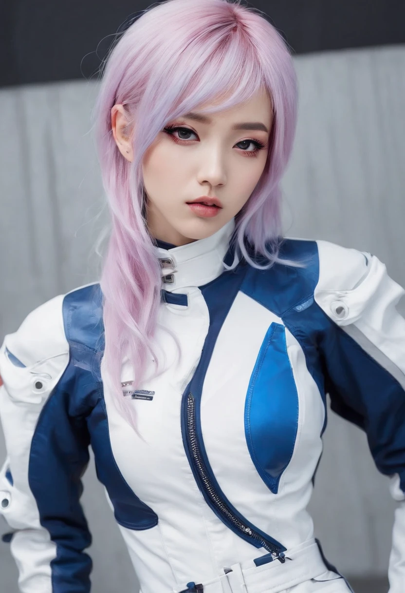 sexy korean emo girl with dyed hair in a full blue and white sci-fi racing suit scantily clad