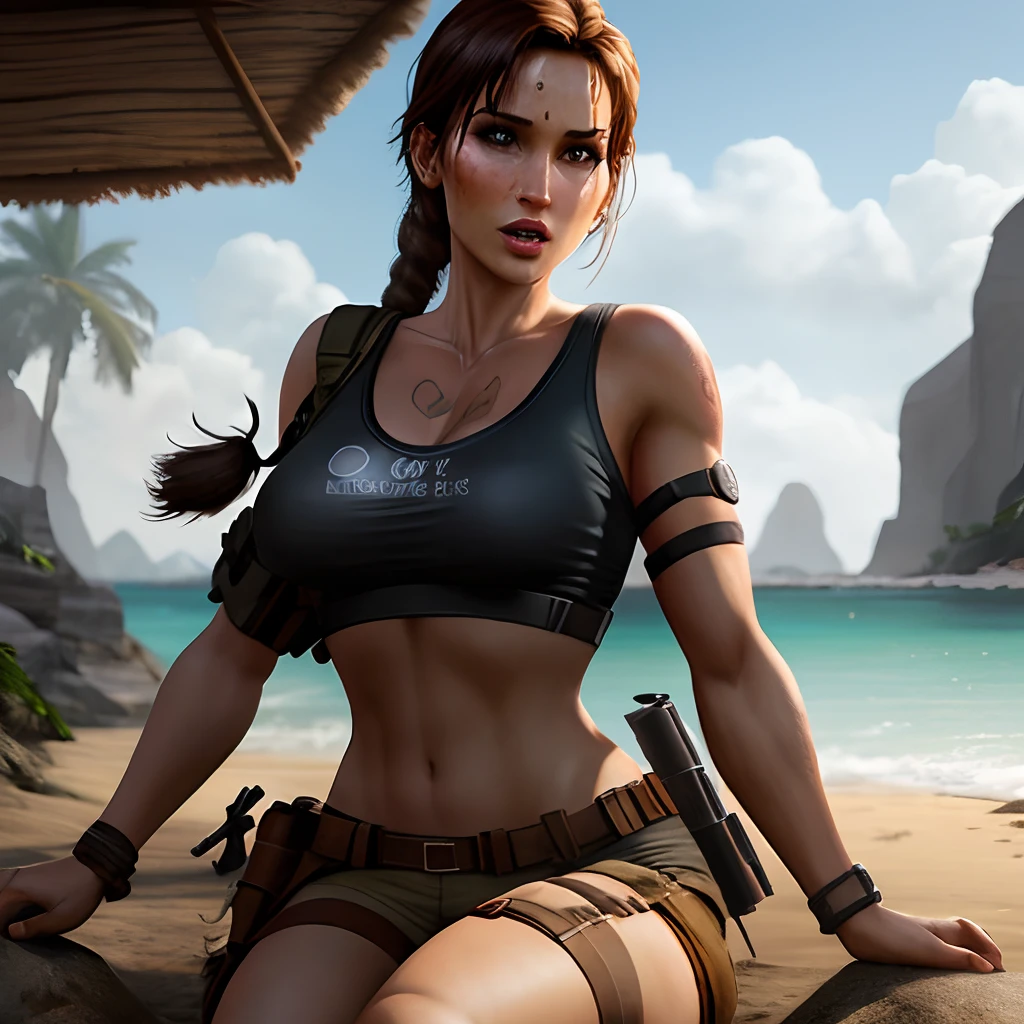 solo, cosplay of (beautiful female), adult women, curvy women, seductive, (Meru, Merunyaa:1.2), (devil-girl),  (beautiful Korean supermodel:1.2 ),  ( fit, abs),  (busty,Large erect breasts,huge chests,erect nippleslips :1.2),    slim waist, cameltoe, (red hair,redhead), (1long braid), [freckles],   [ Meru | Lara Croft ], (female),(female body),  (muscle body), muscle tummy, seductive body, BREAK
red body, (red burned skin), shining oily skin, 1demon tail, (2short horns), Half-nude,  BREAK
( khaki army shorts:1.2 ),  BREAK 
(lightblue crop top:1.2), (free croptop bottom:1.2), [[slim swimsuit]], BREAK
( 2pistolholsters on her both thighs ), (thigh knife strap), wide belt, leather straps on hips and biceps,    
( 1small backpack on her back:1.2), army boots,  black leather tactic fingerless gloves, BREAK
( (red) round glasses :1.2), (red glasses),  BREAK
ancient medallion around the neck (between her boobs),
    
(body portrait),  tomb raider,             
(detailed eyes, detailed cat-pupils, yellow eyes, glowing eyes), BREAK
outdoors,   
ocean tropical beach, shining waterdrops, waves,
Sunday, sunrays, soft shining,  sunburned,  reflections of lights,   
(particles ,firefly,soft blue glowing, bioluminescence ),romantic mood, BREAK
seeker of adventures, tomb raider,

 seduct, serious look,   BREAK
beautiful face, face makeup, detailed plump lips, long eyelashes,
masterpiece, best quality, blur background, photorealistic, realism, sharp focused pupils, realistic hands, 8k HD, high res, hi-res, 
(dark shadows, wide dynamic range, hdr, low light:1.2),
by Pino Daeni, by ruaidri, by virtyalfobo, by Kenket, (by iskra, by darkgem, by merunyaa),