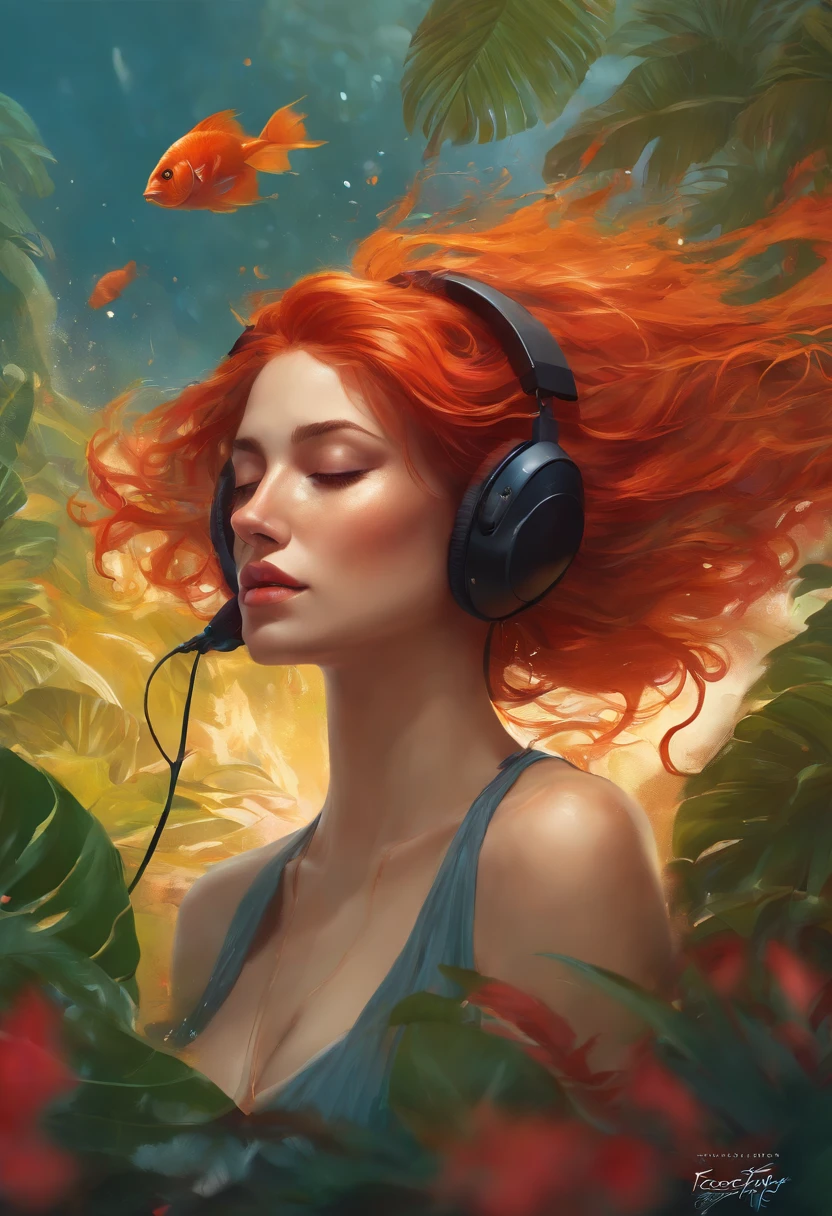 Splash art, music album, art cover, drawing a woman with red hair closed eyes, without eye makeup, headphones on ears, tropical paradise, flowing allure in every stride, in frame, surrealistic, epic, artstation, splash style of colorful paint, splash swirling dripping melting, contour, intricate detail, splash screen, complementary colors, fantasy concept art, 8k resolution, deviantart masterpiece, paint dripping, splash arts, unreal engine, greg rutkowski, loish, rhads, beeple, makoto shinkai and lois van baarle, ilya kuvshinov, rossdraws, tom bagshaw, alphonse mucha, global illumination, detailed and intricate environment