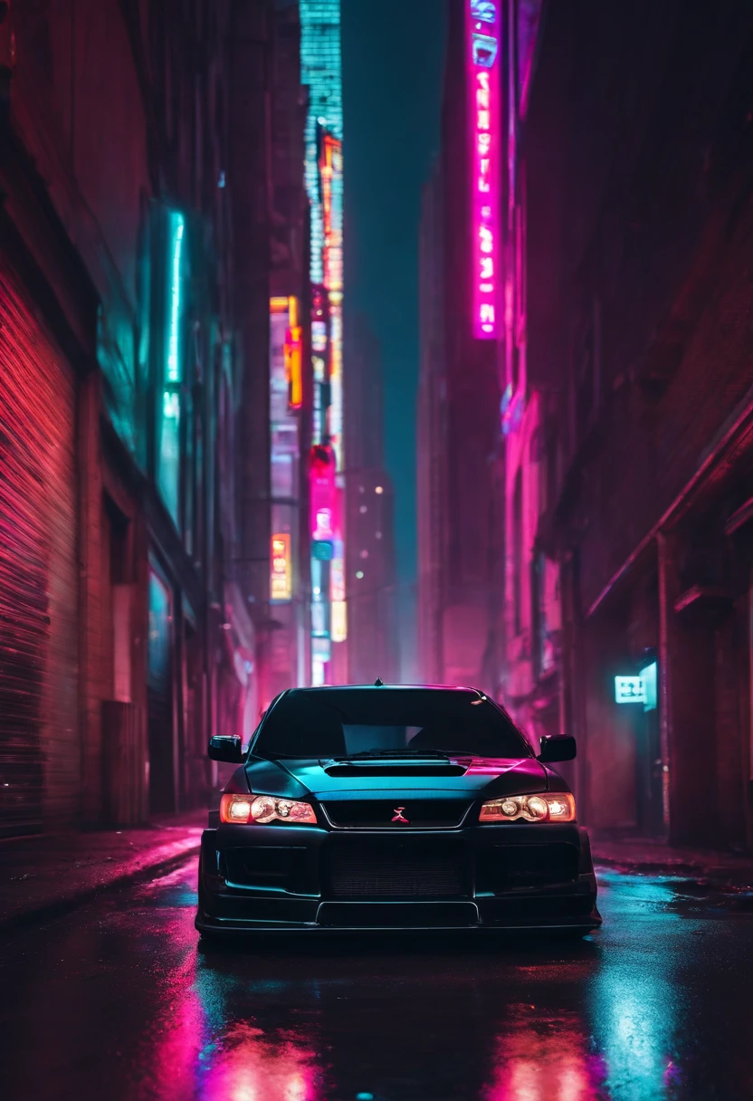 lancer evolution preto em uma cidade synthwave
