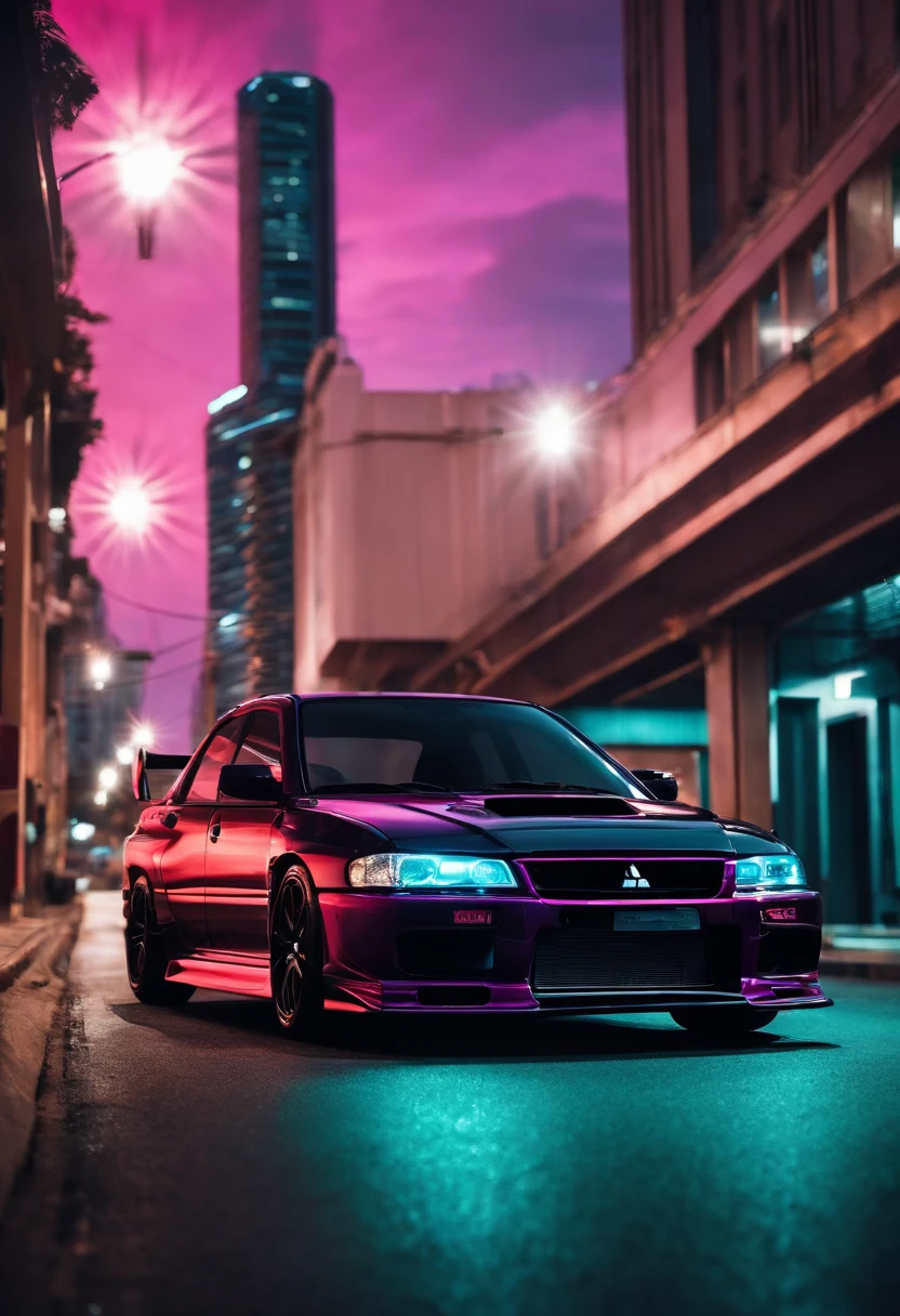 lancer evolution preto em uma cidade synthwave
