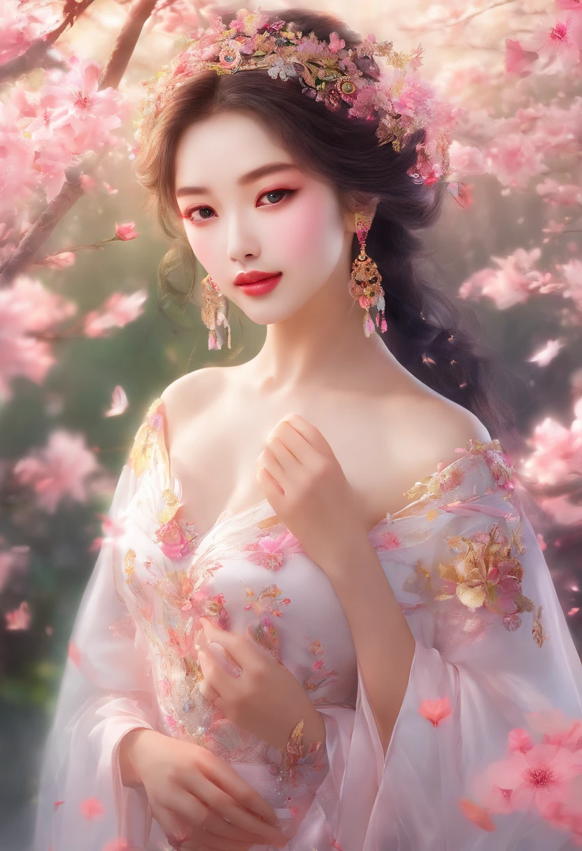 (best quality,4k,8k,highres,masterpiece:1.2),ultra-detailed,(realistic,photorealistic,photo-realistic:1.37),cherry blossom princess,fantasy,ethereal,delicate petals,graceful,wearing a kimono,flowing sleeves,charming smile,ornate golden hairpin,soft-pink flowers,captivating presence,serene garden backdrop,colorful lanterns,shimmering light,subtle fragrance,harmonious composition,elegant beauty,vivid colors,peaceful atmosphere,dreamlike setting,sunlight filtering through the trees,sublime,tranquil