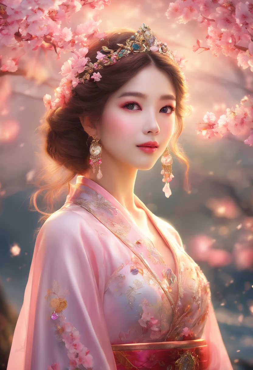 (best quality,4k,8k,highres,masterpiece:1.2),ultra-detailed,(realistic,photorealistic,photo-realistic:1.37),cherry blossom princess,fantasy,ethereal,delicate petals,graceful,wearing a kimono,flowing sleeves,charming smile,ornate golden hairpin,soft-pink flowers,captivating presence,serene garden backdrop,colorful lanterns,shimmering light,subtle fragrance,harmonious composition,elegant beauty,vivid colors,peaceful atmosphere,dreamlike setting,sunlight filtering through the trees,sublime,tranquil
