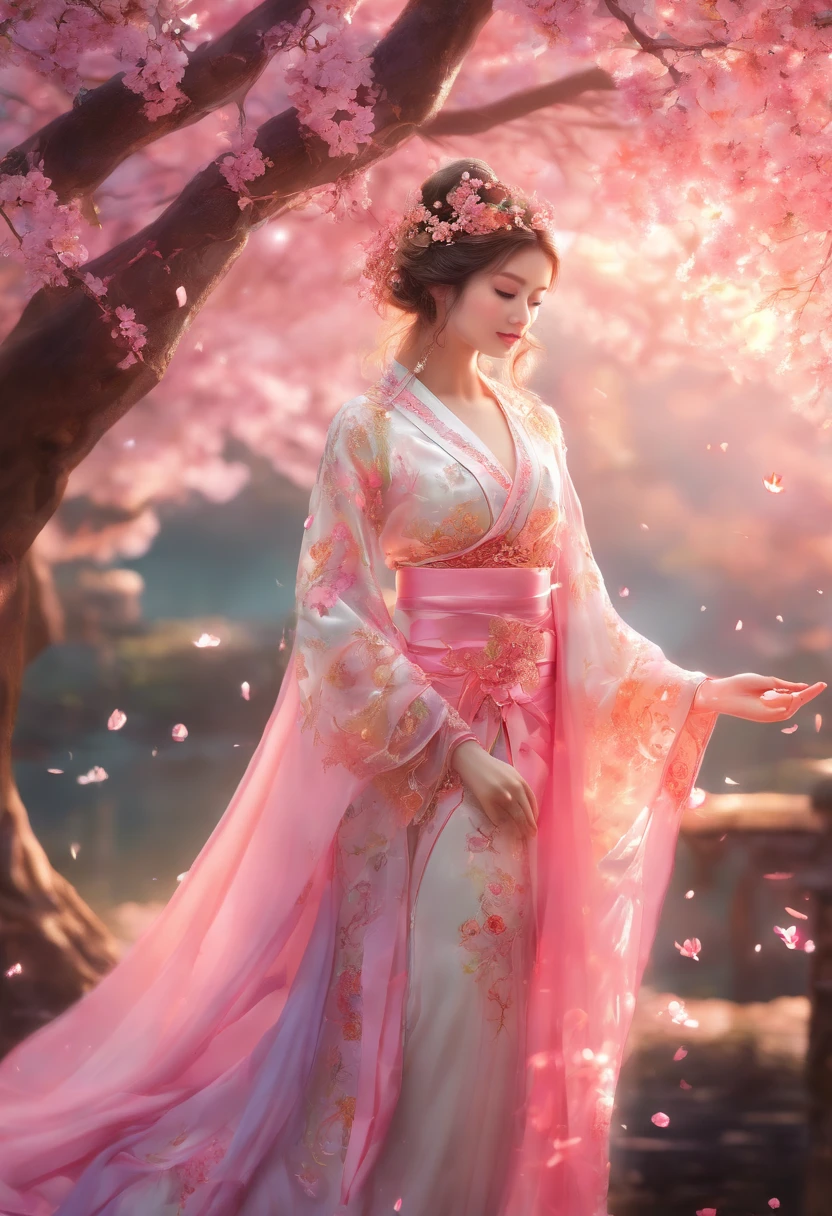 (best quality,4k,8k,highres,masterpiece:1.2),ultra-detailed,(realistic,photorealistic,photo-realistic:1.37),cherry blossom princess,fantasy,ethereal,delicate petals,graceful,wearing a kimono,flowing sleeves,charming smile,ornate golden hairpin,soft-pink flowers,captivating presence,serene garden backdrop,colorful lanterns,shimmering light,subtle fragrance,harmonious composition,elegant beauty,vivid colors,peaceful atmosphere,dreamlike setting,sunlight filtering through the trees,sublime,tranquil