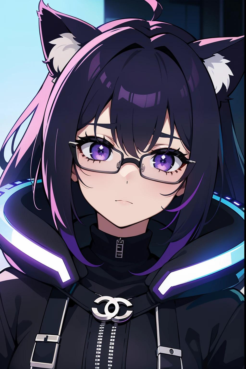 Cyberpunk roxo gamer, with glasseswith cat ears, com 20 anos de idade, olhos roxos brilhando, Cabelo tamanho medio preto Chanel com pontas roxa