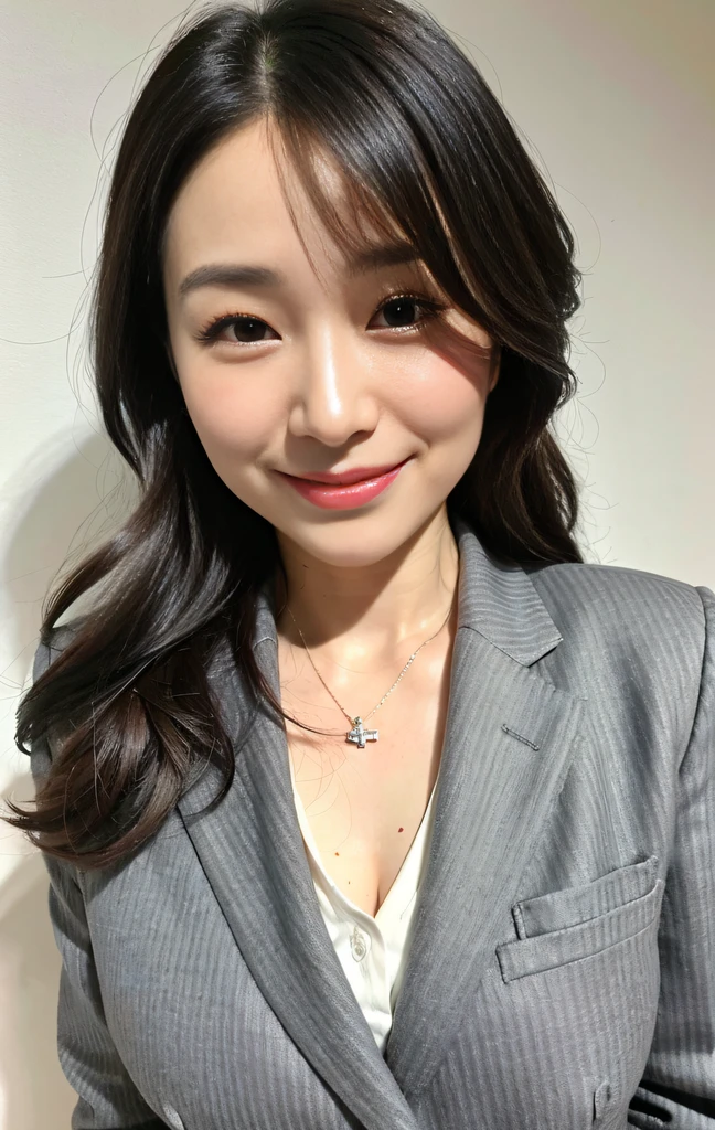 masterpiece,best quality, (1 milf), ((close up:1)), ((cross arms)), glare, gray blazer, white shirt, double eyelid, eyelash, lip gloss, (smile:1), ((Erotic:0)), ((close eyes:0.85)), ((open mouth:1, point to own chest:1)), ((Looking at Viewer)), RAW, (from above:0.2), ((nobody)), office,