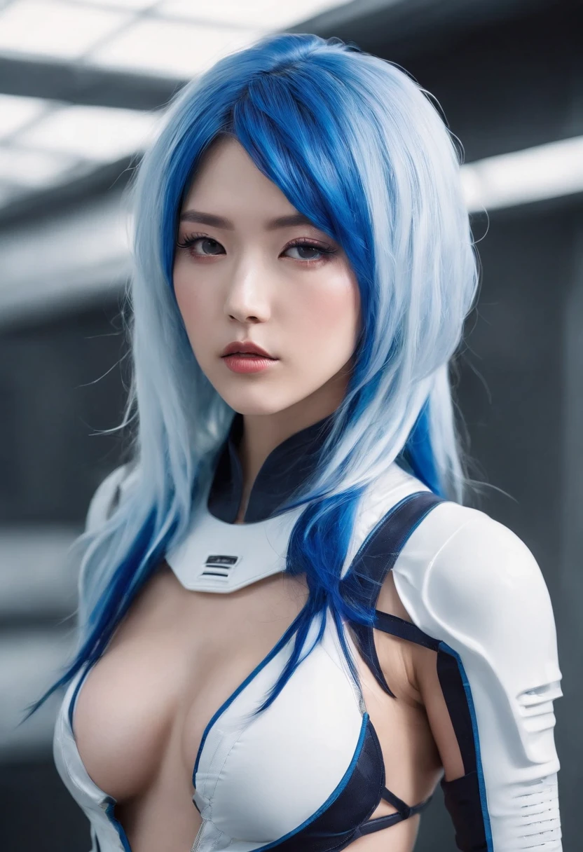 sexy korean emo girl with blue streaks in hair in a full blue and white sci-fi racing suit scantily clad large breasts