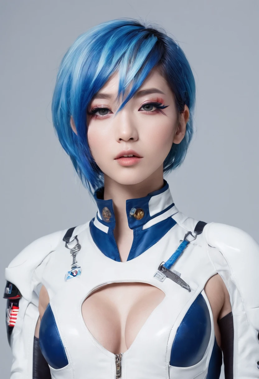 sexy korean emo girl with blue streaks in hair in a full blue and white sci-fi racing suit scantily clad large breasts