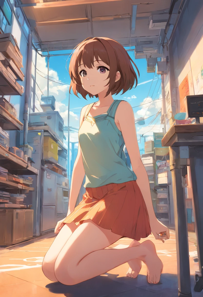 loli bonito，barefoot，barriga para baixo，head looking up，Lift your feet，vestidos de turno，calcinha branca，olhos grandes，Anime cara bonito, carro do (FBI) no fundo