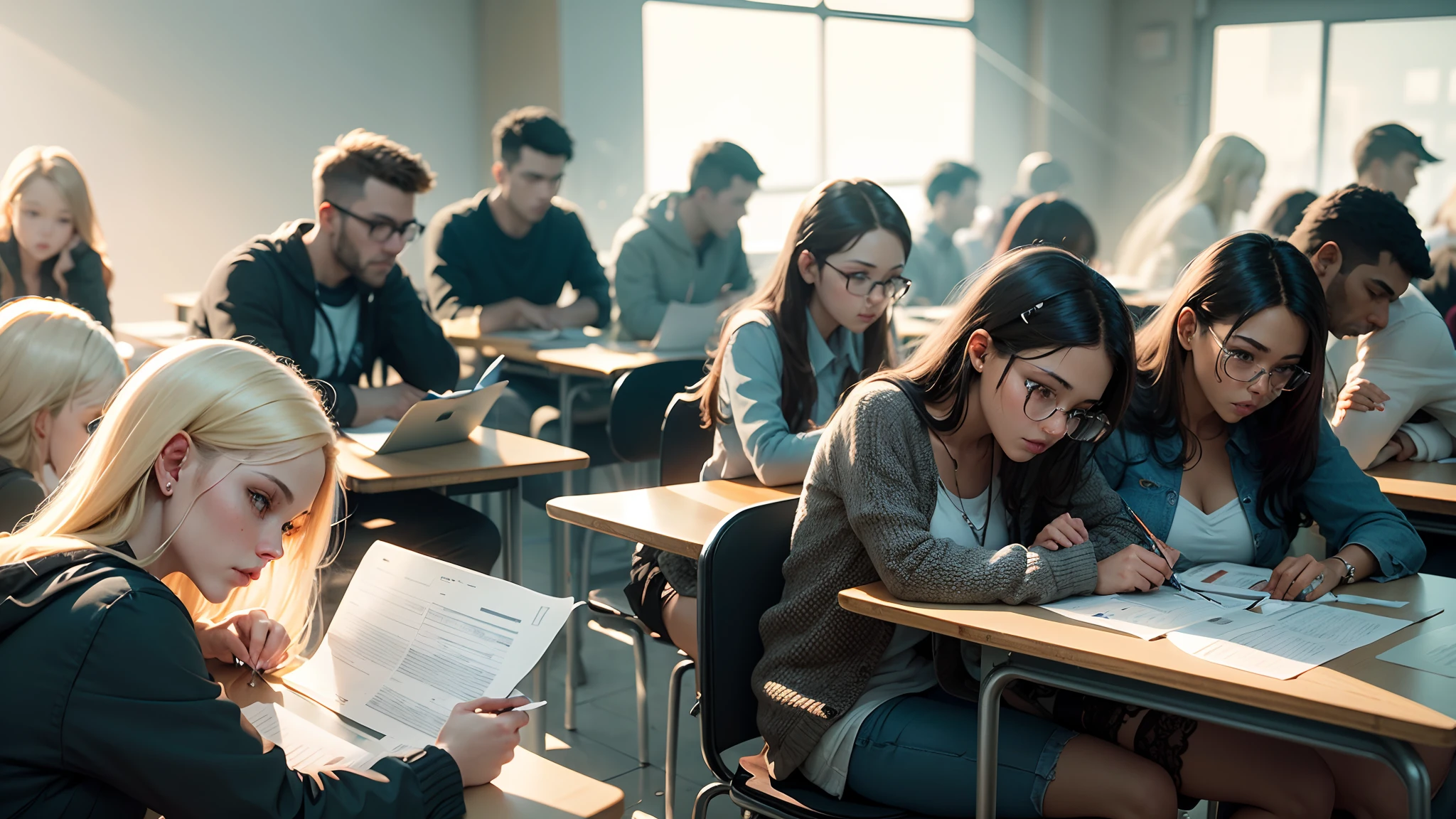people taking tests in class, 8k, ultra realistic (photorealistic), vibrant details, sharp focus, studio photo, ultra detailed, polarized filter, professional lighting, --auto --s2
