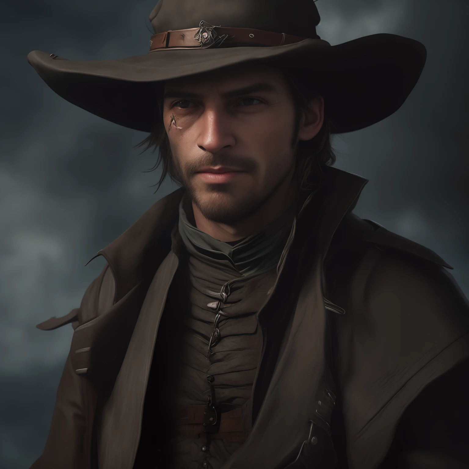 Man in hat and leather jacket with revolver, portrait of a bloodborne hunter, Jessé McCree, Personagem altamente detalhado, 8k portrait render, retrato detalhado do caractere, um retrato do personagem, Clint Eastewood, cinematic full character, personagem masculino, Iconic character of high detail, Como um Salomon Kane, Cinematic realistic portrait, rindo. Cabelos negros longos, cicatriz na testa, perfil do corpo todo.