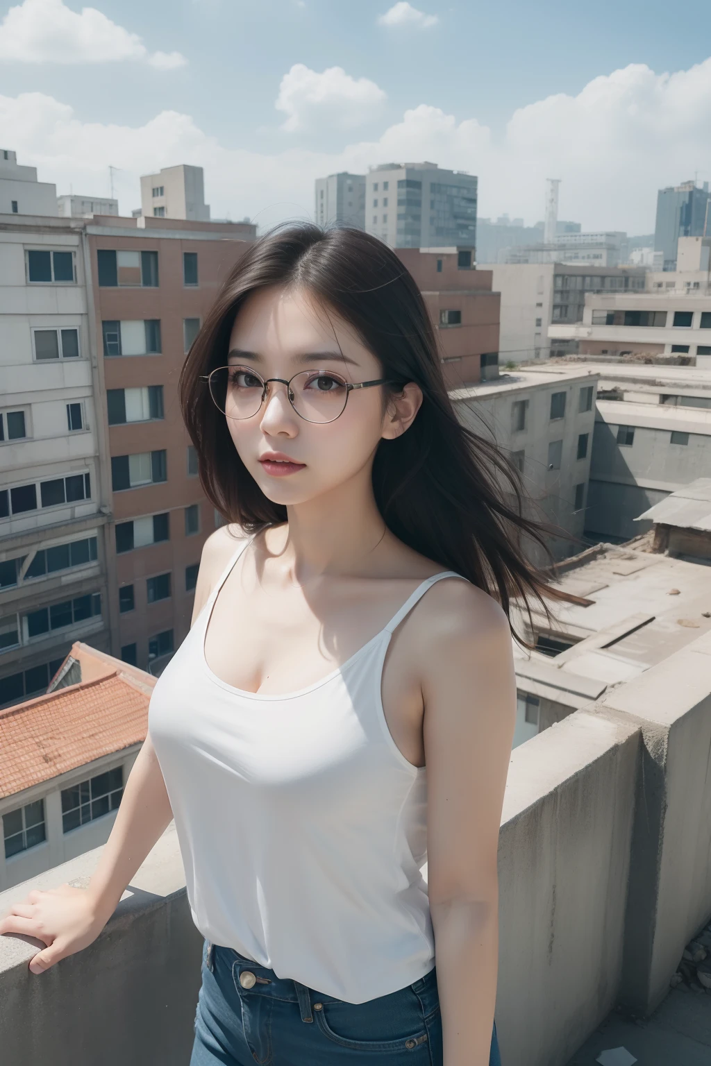 masterpiece、8K、Raw photography、(reallistic:1.4)、High-resolution mouth、The eyes are high definition、Shiny skin、big eye、Round face,Double eyes、Puffy eyes、Medium-breasted women, (Bob Hair:1.4)、Unusual look、One lady、20yr old, sad Facial expression、full bodyesbian、Woman with glasses、White tank top、Wearing jeans、On the roof of an abandoned building、cloudiness、film grains、Movie Light、The wind is blowing、Crows are flying