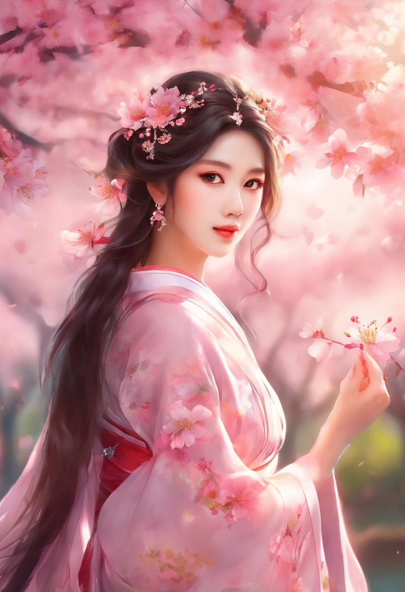 (best quality,4k,8k,highres,masterpiece:1.2),ultra-detailed,(realistic,photorealistic,photo-realistic:1.37),ethereal cherry blossom princess,beautiful detailed eyes,beautiful detailed lips,flowing long hair,graceful movement,pink and floral kimono,serene expression,cherry blossom petals in the air,glowing cherry blossom tree branches,soft pastel colors,subtle sunlight,luminous glow on the princess,delicate cherry blossom aroma,calm and peaceful atmosphere,lively and vibrant cherry blossoms,harmonious combination of human and nature,sublime beauty,celestial tiara,serene and otherworldly presence,ornate and intricate patterns on the kimono,graceful dance amidst the cherry blossoms,sublime tranquility,effortless grace and elegance,beaming with ethereal charm,subtle pink hues,sublime celebration of cherry blossom season
