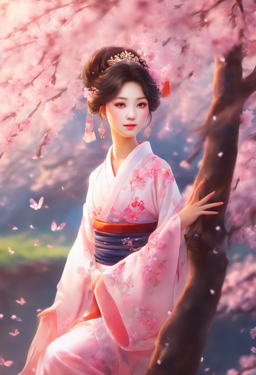 (best quality,4k,8k,highres,masterpiece:1.2),ultra-detailed,(realistic,photorealistic,photo-realistic:1.37),ethereal cherry blossom princess,beautiful detailed eyes,beautiful detailed lips,flowing long hair,graceful movement,pink and floral kimono,serene expression,cherry blossom petals in the air,glowing cherry blossom tree branches,soft pastel colors,subtle sunlight,luminous glow on the princess,delicate cherry blossom aroma,calm and peaceful atmosphere,lively and vibrant cherry blossoms,harmonious combination of human and nature,sublime beauty,celestial tiara,serene and otherworldly presence,ornate and intricate patterns on the kimono,graceful dance amidst the cherry blossoms,sublime tranquility,effortless grace and elegance,beaming with ethereal charm,subtle pink hues,sublime celebration of cherry blossom season