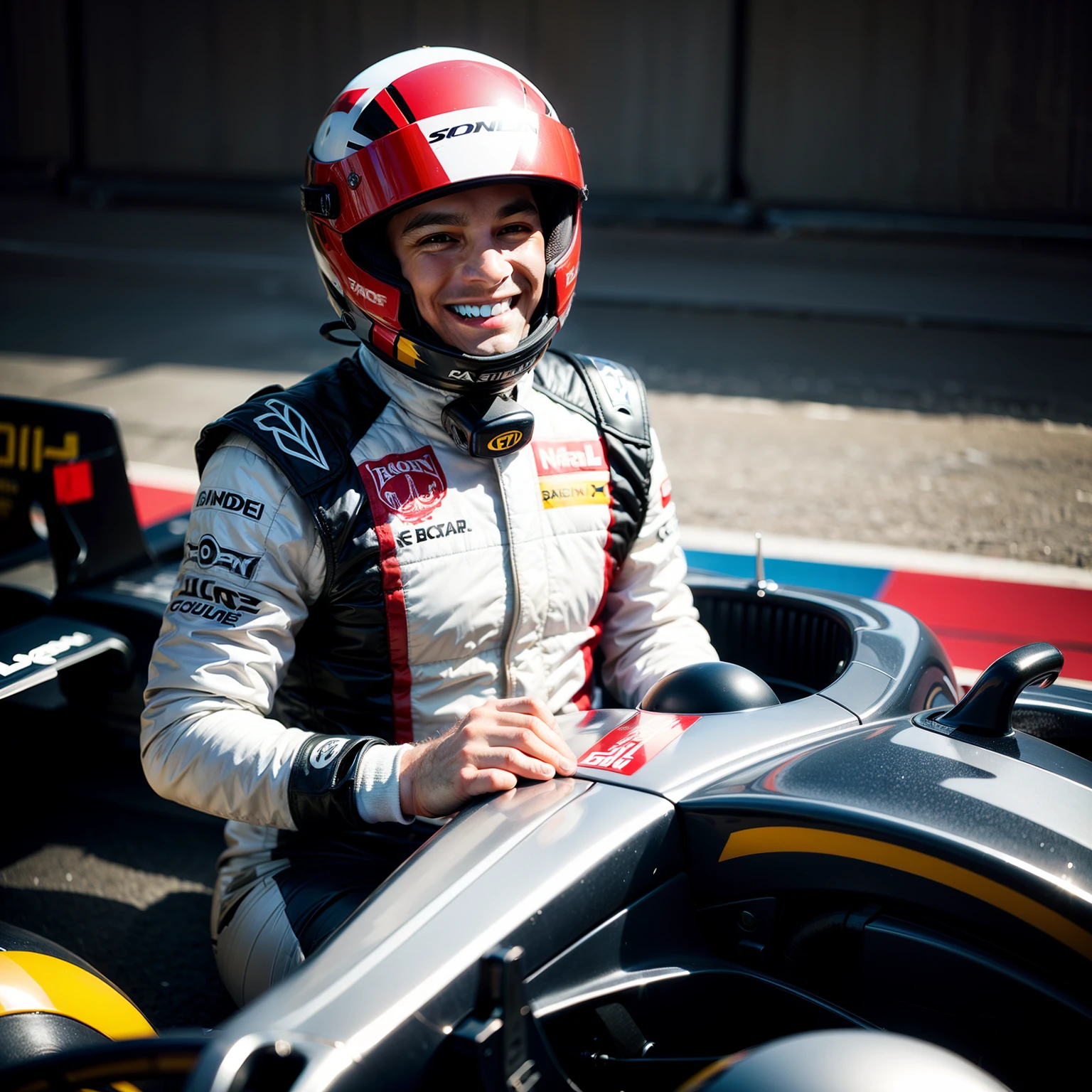 Man Formula 1 driver smiling for photo with helmet in his hands