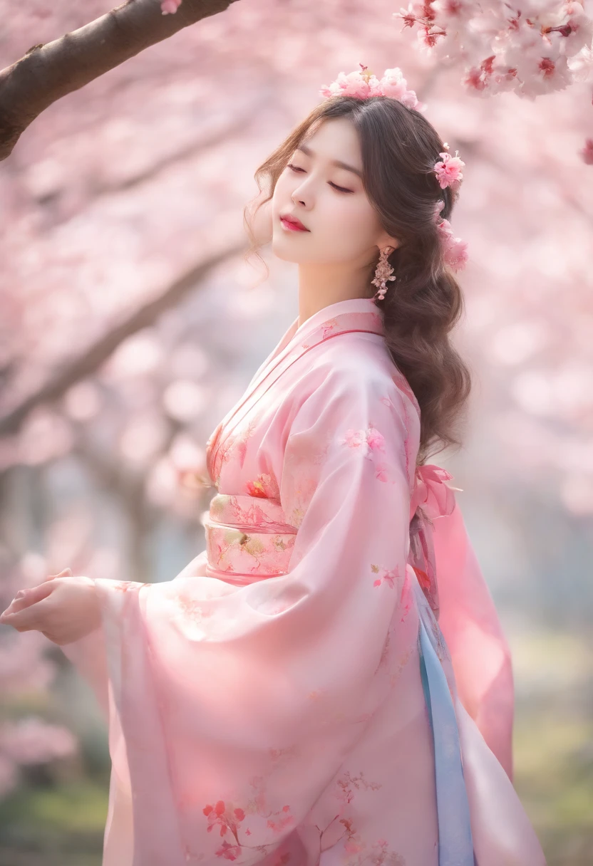 (best quality,4k,8k,highres,masterpiece:1.2),ultra-detailed,(realistic,photorealistic,photo-realistic:1.37),ethereal cherry blossom princess,beautiful detailed eyes,beautiful detailed lips,flowing long hair,graceful movement,pink and floral kimono,serene expression,cherry blossom petals in the air,glowing cherry blossom tree branches,soft pastel colors,subtle sunlight,luminous glow on the princess,delicate cherry blossom aroma,calm and peaceful atmosphere,lively and vibrant cherry blossoms,harmonious combination of human and nature,sublime beauty,celestial tiara,serene and otherworldly presence,ornate and intricate patterns on the kimono,graceful dance amidst the cherry blossoms,sublime tranquility,effortless grace and elegance,beaming with ethereal charm,subtle pink hues,sublime celebration of cherry blossom season