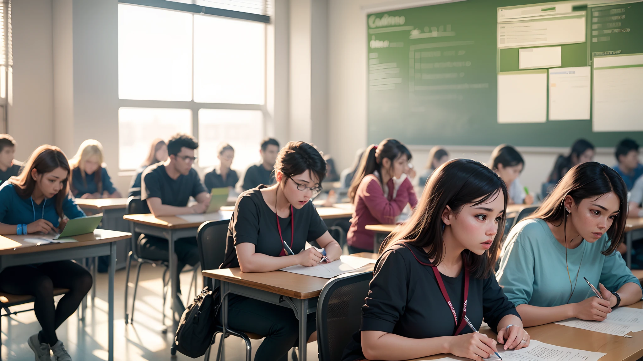 people taking tests in class, 8k, ultra realistic (photorealistic), vibrant details, sharp focus, studio photo, ultra detailed, polarized filter, professional lighting, --auto --s2
