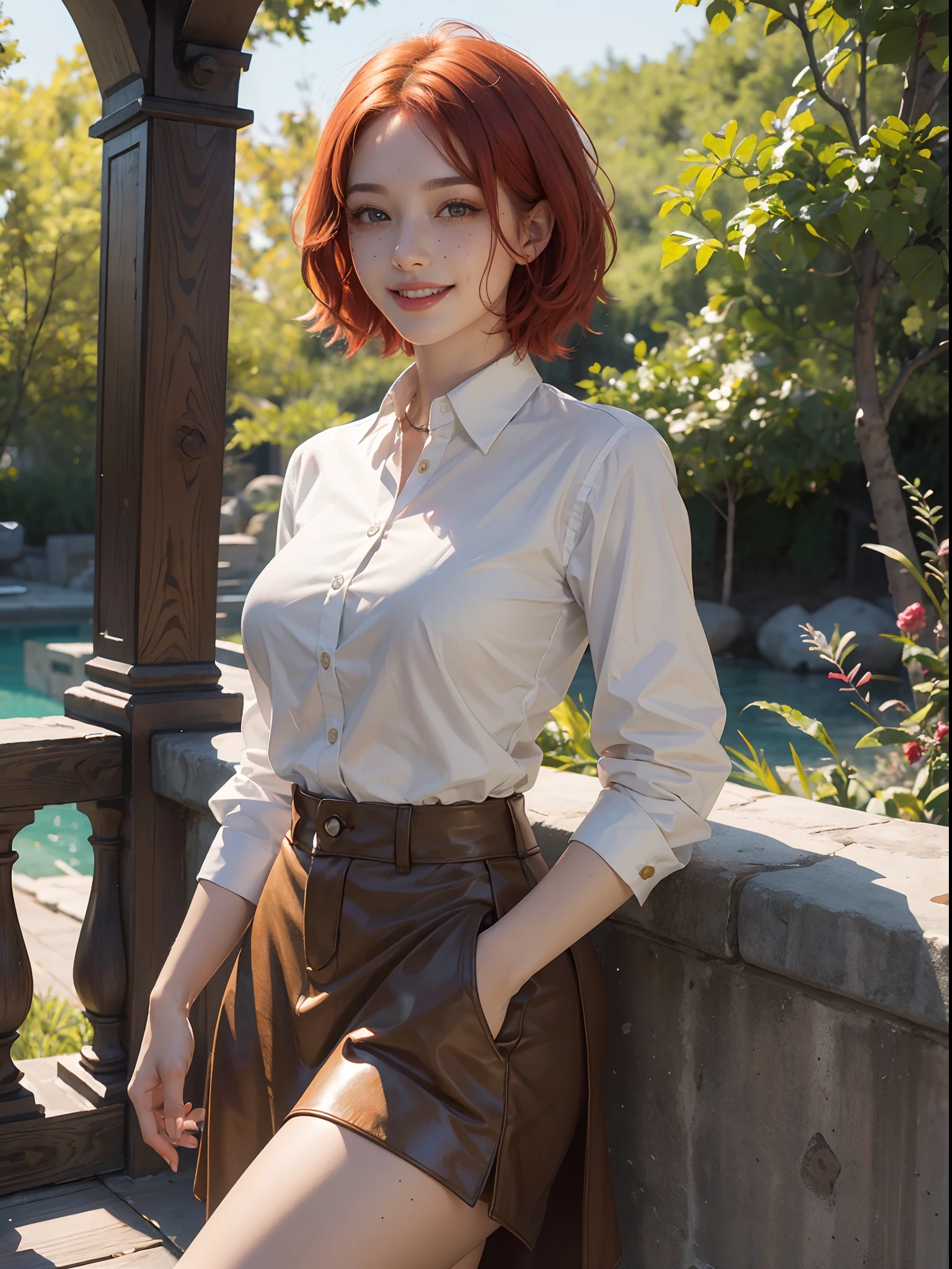 (masterpiece) , ((best quality)), (( 8k wallpaper)), ((ultra high resolution)), good composition, (ultra-detailed), illustration, beautiful, 1girl, red hair, short hair, medium sized breasts, good hands, perfect hands, scenery, masterpiece, highly detailed, seductive smile, freckles, buttoned up shirt, khaki skirt, white shirt, sfw, fully clothed, hypermuscle, hyper muscles, dangerous smile